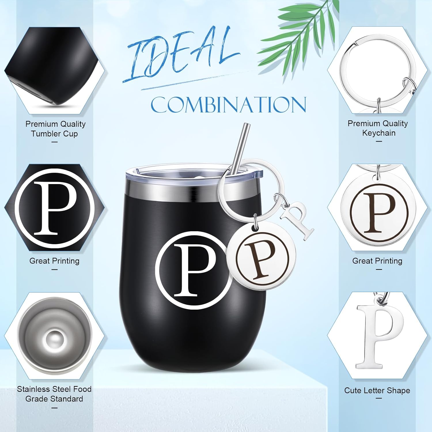 Dandat Vaso de vino personalizado, regalos con llavero personalizado, taza inicial de viaje de acero inoxidable negro de 12 onzas con tapa y popote