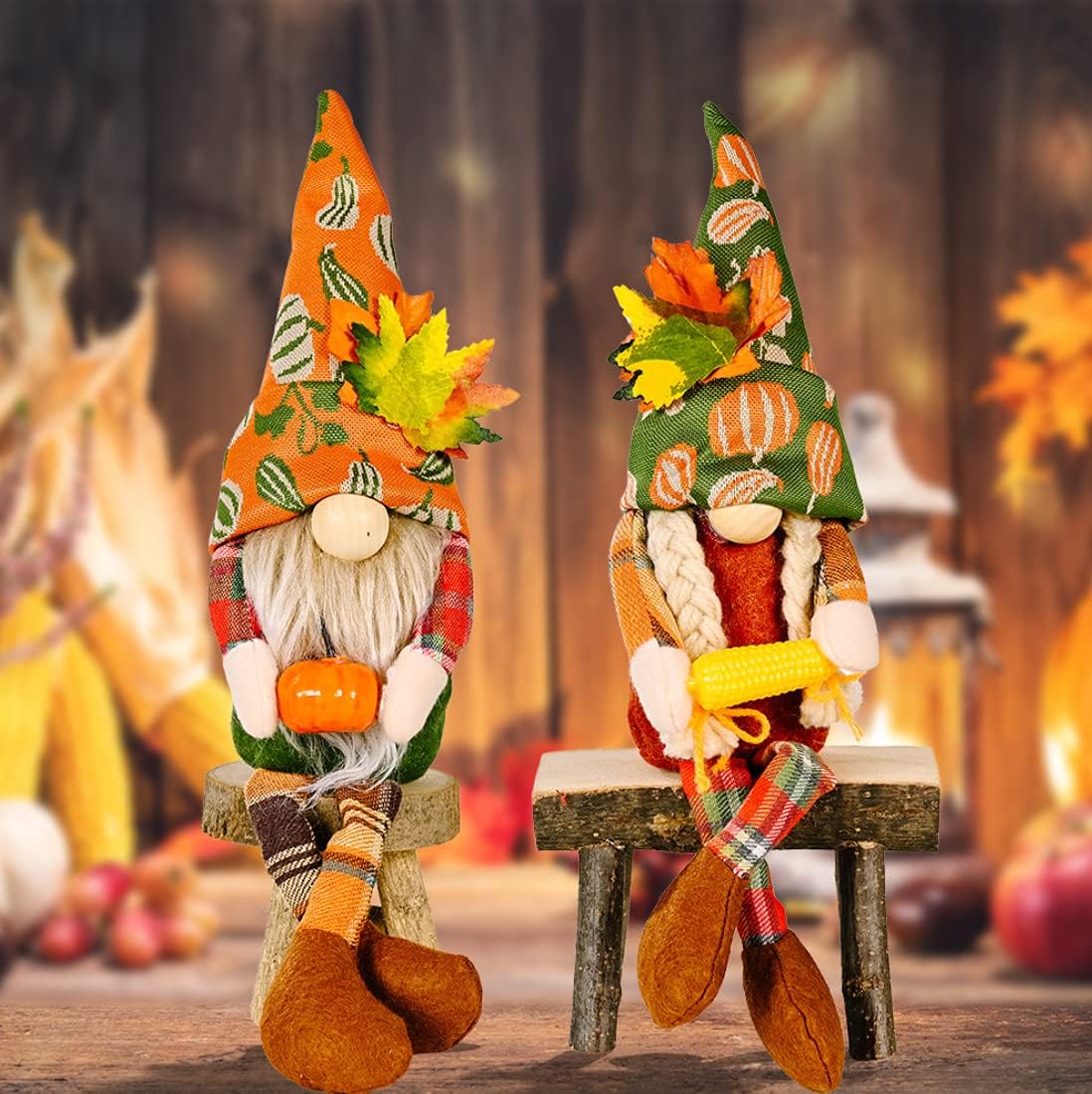 Juego de 2 gnomos de felpa para decoración de Acción de Gracias con calabaza de maíz, Sr. y Sra. Cosecha de otoño, decoración de bandeja escalonada