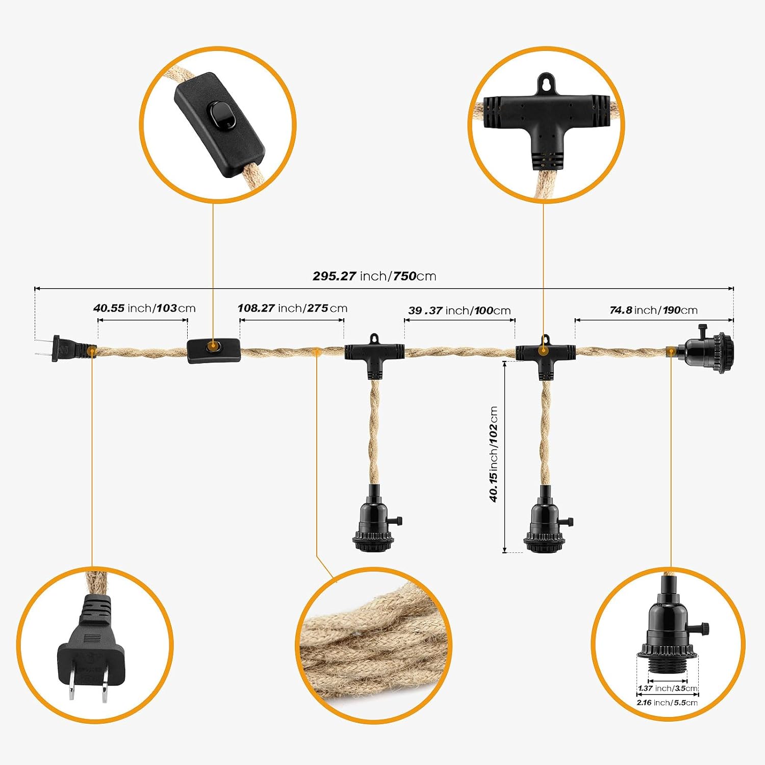 LYOOWNG Cable de luz colgante de 3 luces, luces colgantes de 25 pies con cable de enchufe, kit de luces colgantes de cuerda de cáñamo con