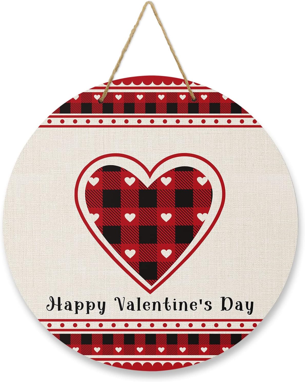 Welcome Sign for Front Door Decoration, Happy Valentine’s Day Red Black Buffalo Plaid 10 Inch Wreaths Hanging Sign Plaque Holiday Decor for Porch