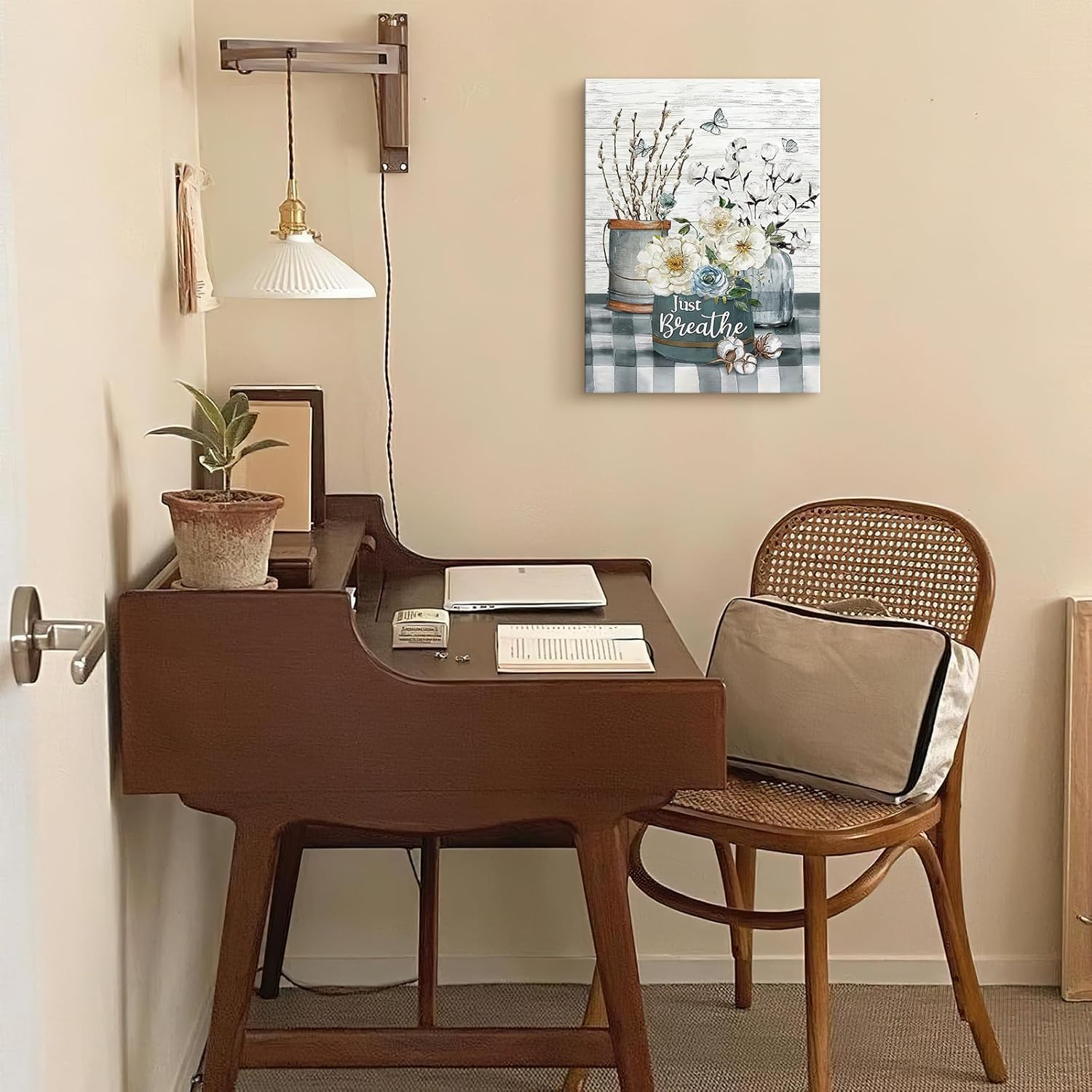 Luslya Arte de pared rústico de algodón blanco con diseño de flores de algodón con texto en inglés “Just Breathe”, pintura de baño, pósteres