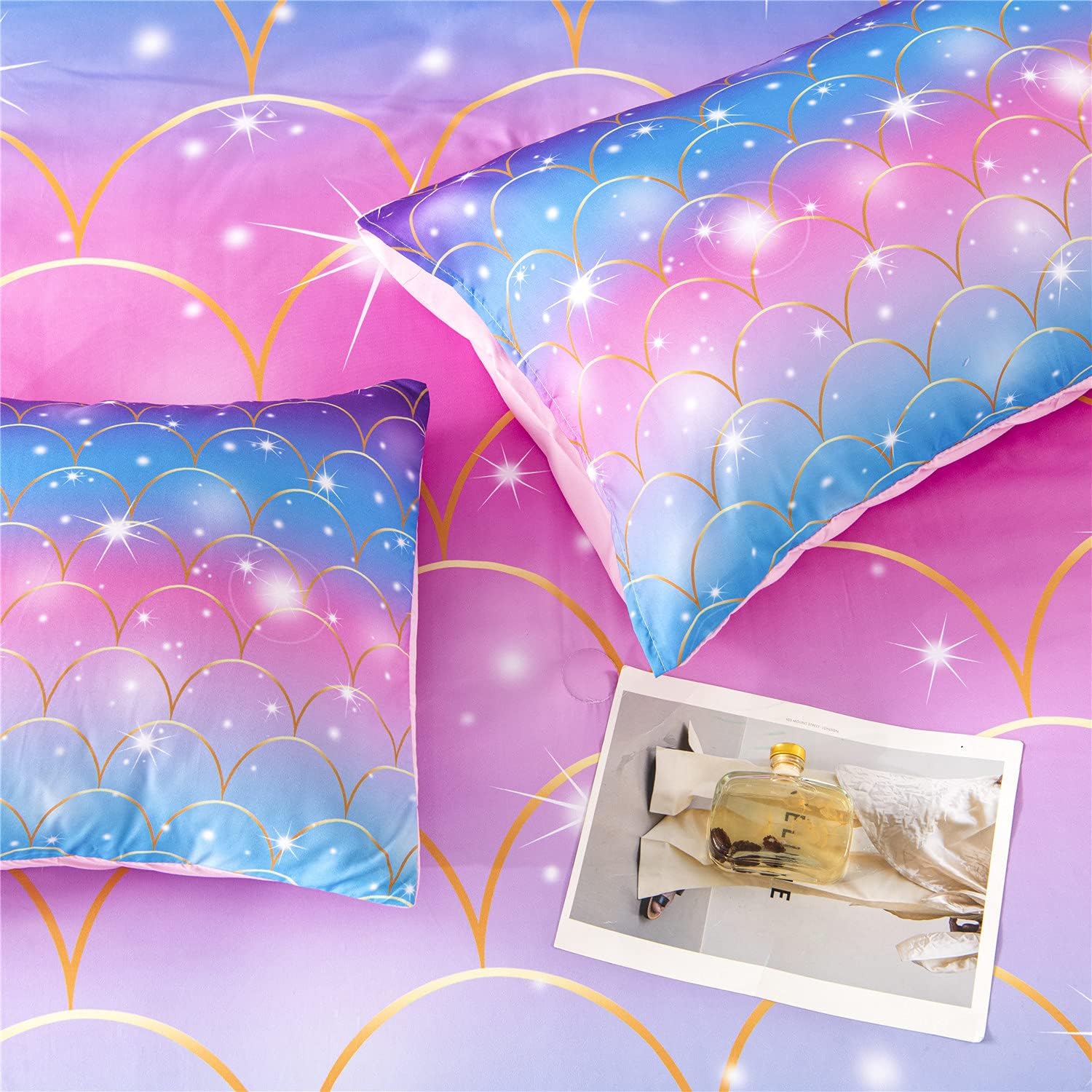 RYNGHIPY Juego de edredón de sirena brillante de 6 piezas, color verde azulado y rosa, tamaño Queen, juego de ropa de cama para niñas con purpurina