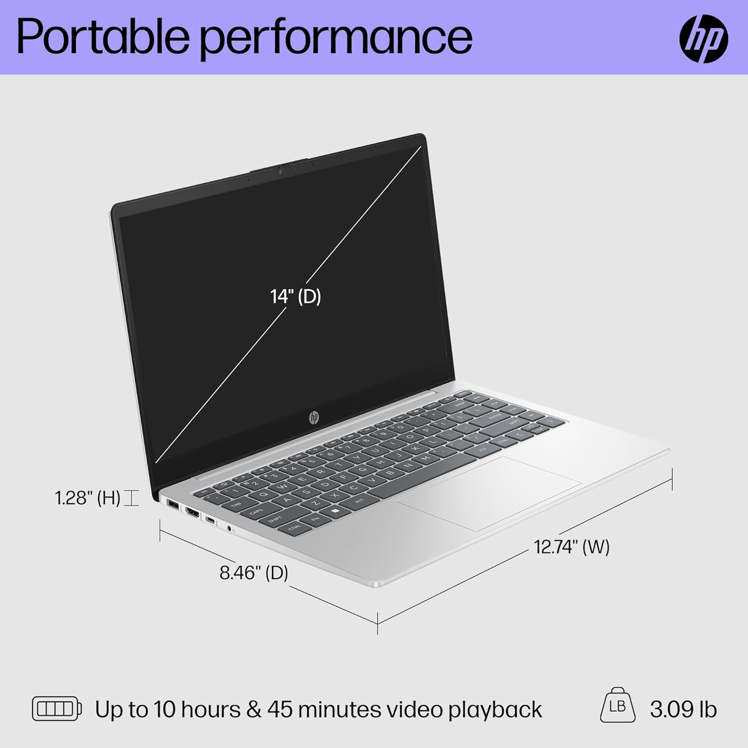 HP Laptop Essential 2024, pantalla FHD IPS de 14 pulgadas, procesador Intel de cuatro núcleos de hasta 3.7 GHz, memoria de 8 GB, SSD de 256 GB, KB