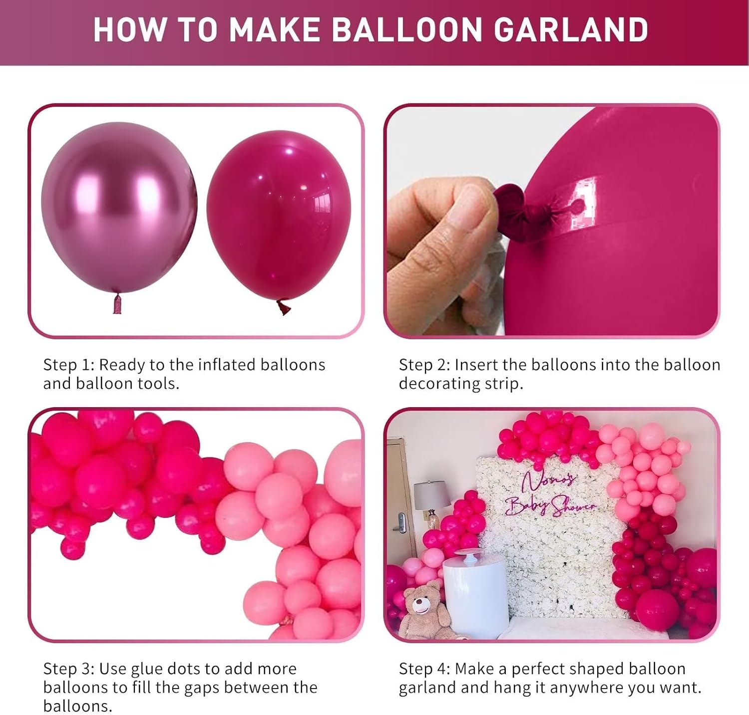 Kit de arco de globos magenta y rosa intenso, kit de guirnalda de globos magenta metálico y rosa intenso, globos cromados y magenta rosa de