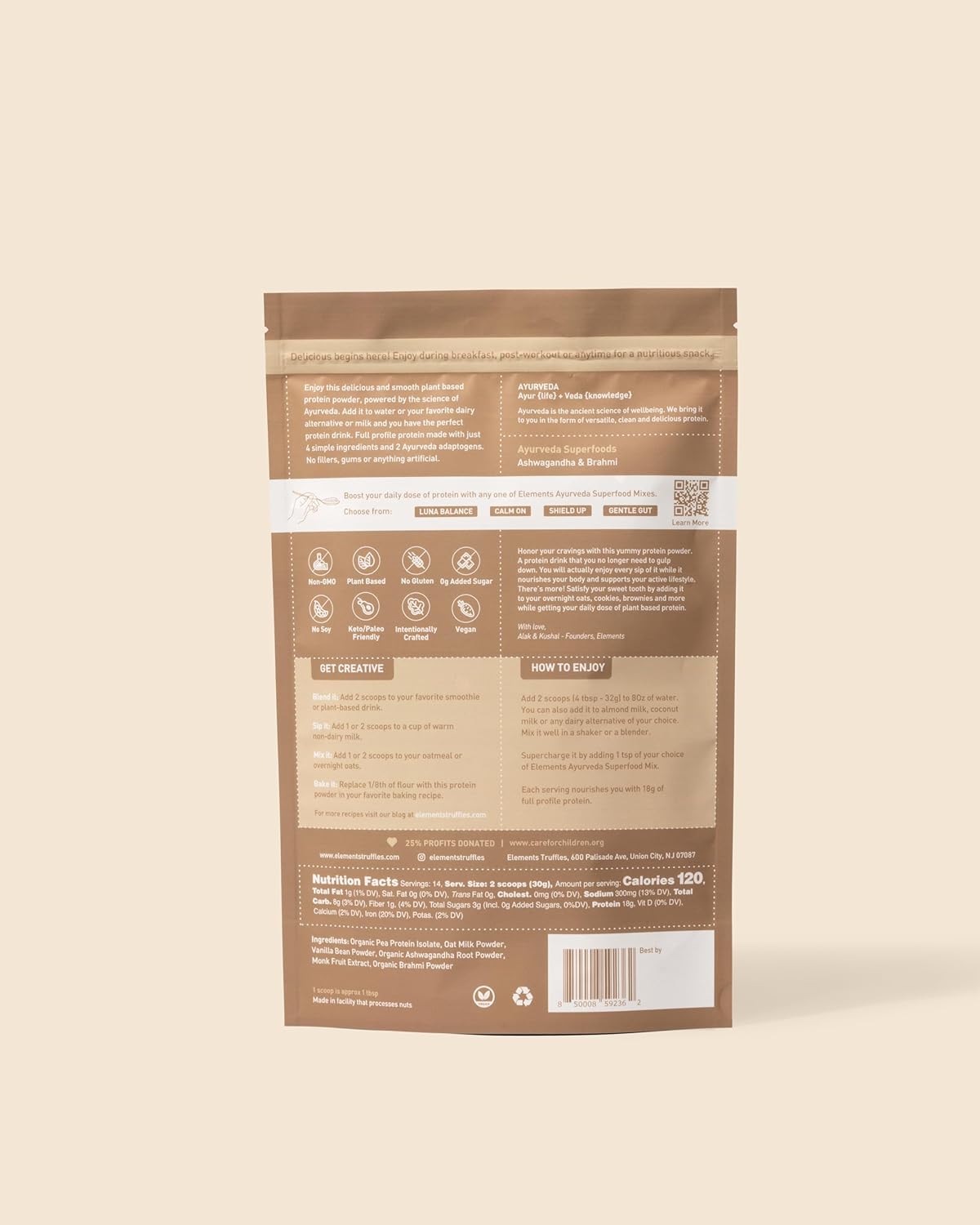 Elements Polvo de proteína de vainilla vegana a base de plantas, batido sustitutivo de comidas hecho de guisantes amarillos orgánicos puros y polvo