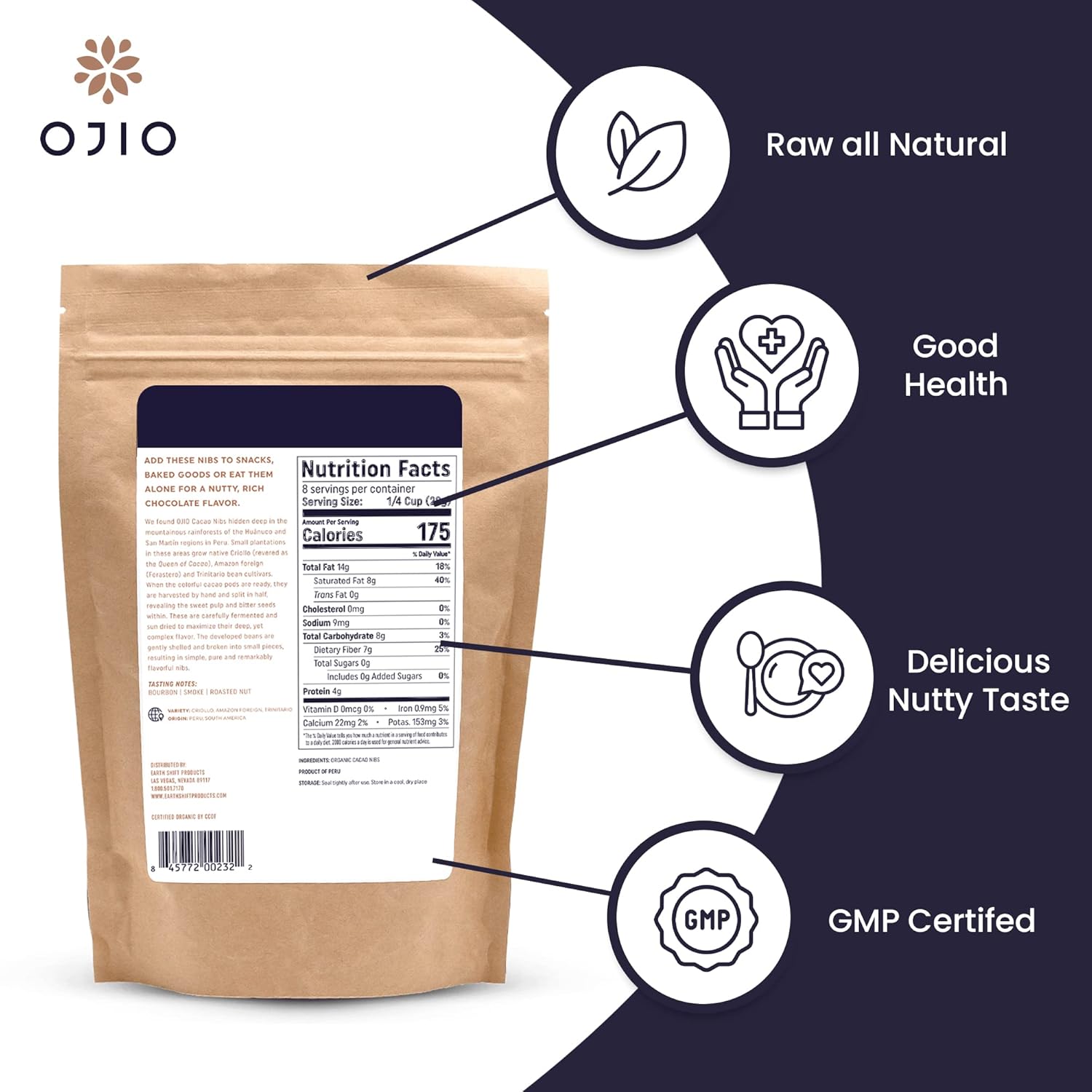 OJIO Plumas de cacao crudo orgánico  Paleo  Orgánico  Sin OMG  Kosher  Superalimento antioxidante antienvejecimiento  Sin gluten  8 onzas  Paquete
