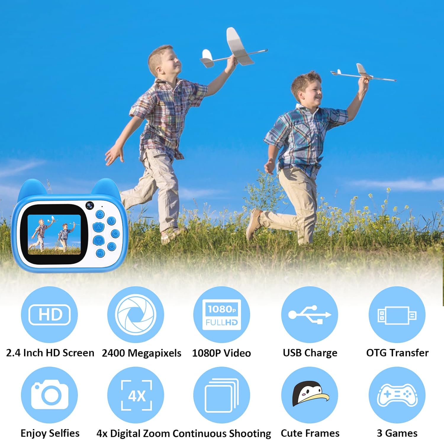 Cámara para niños con video selfie HD de 1080P con tarjeta SD de 32 GB, cámara digital para niños, cámara para niños pequeños para niñas y niños