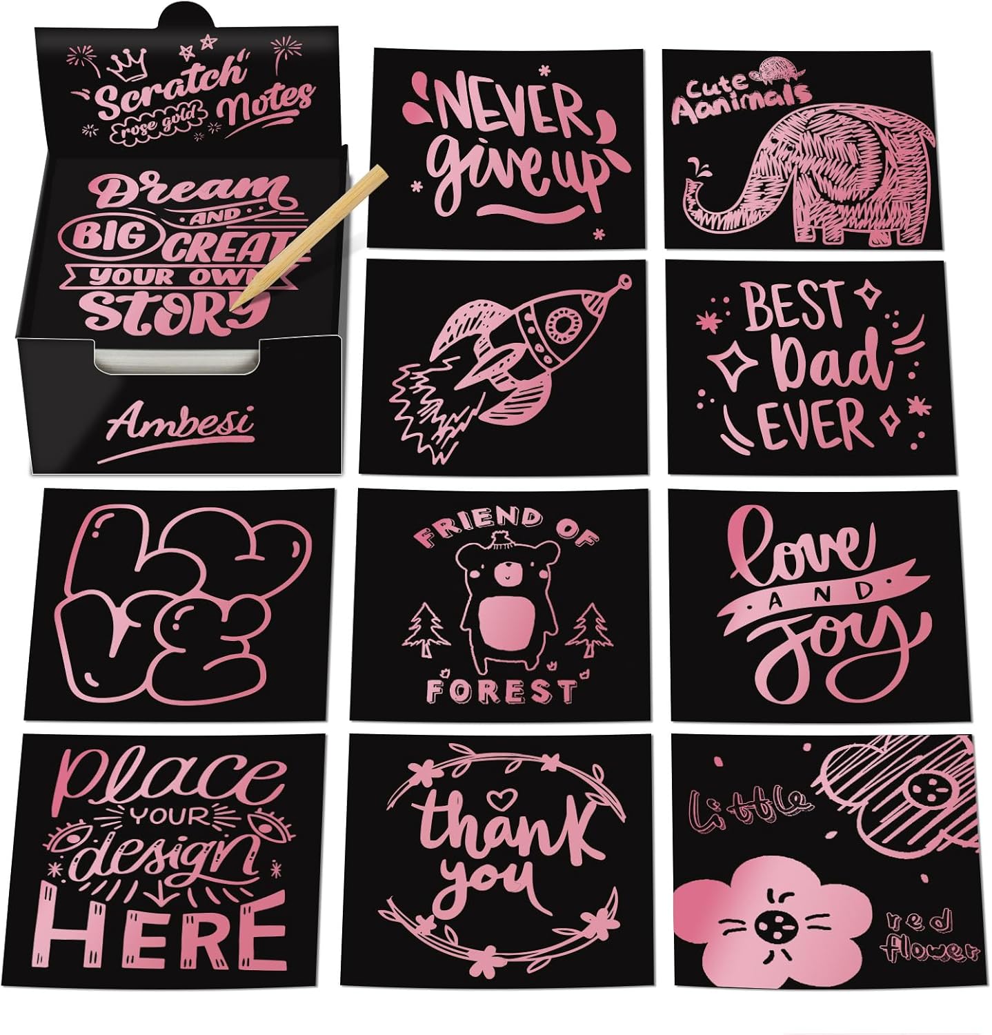 Ambesi Recuerdo de fiesta rosa metálico para niños, 150 notas de arte para rascar para niñas de 4, 5, 6, 7, 8, 9, 10 años, manualidades de papel