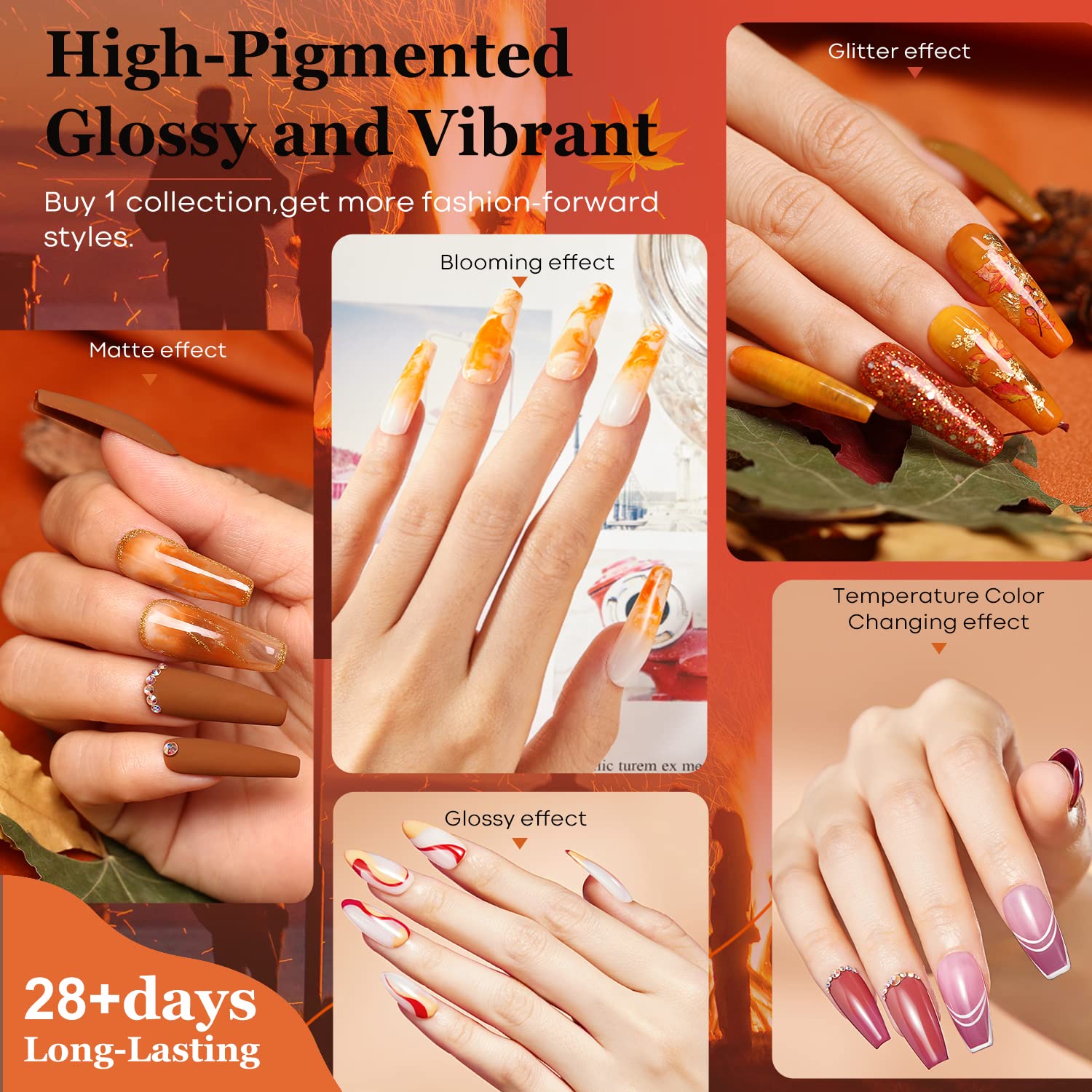 Modelones Kit de esmalte de uñas de gel de 32 colores otoñales con luz UV  49 piezas amarillo, naranja, marrón, rojizo rojo burdeos, kit de manicura