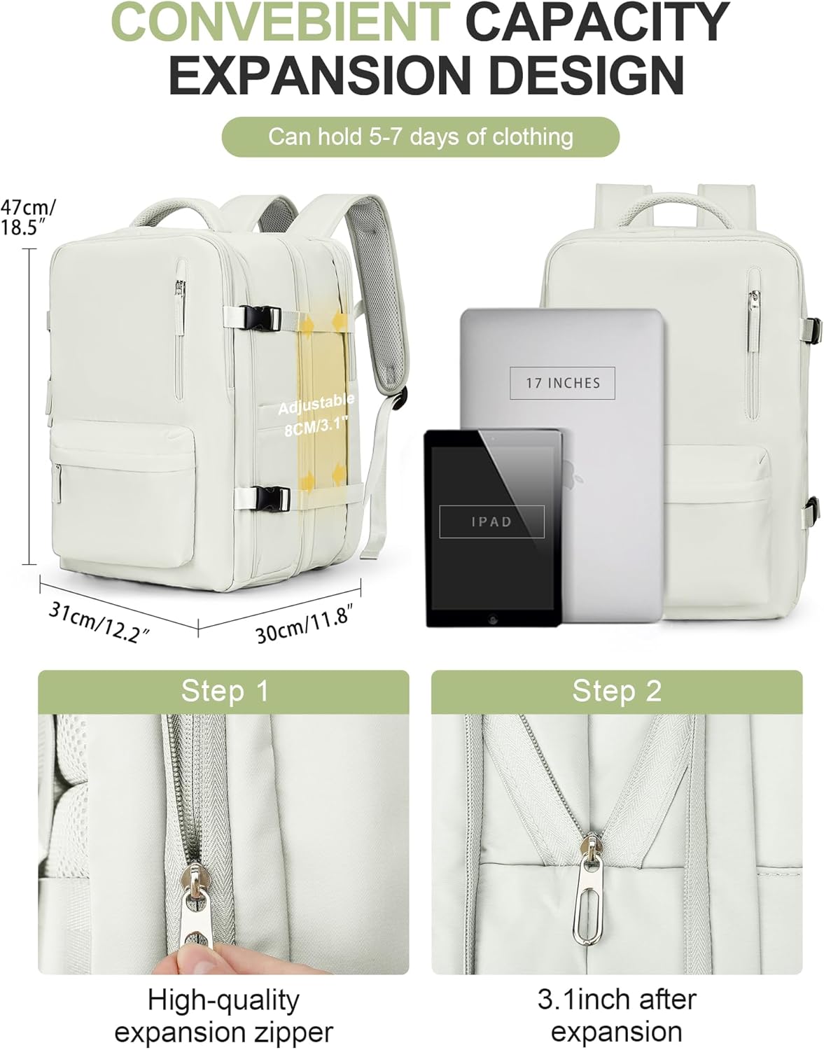 Large Travel Laptop Backpack, Expandable Flight Approved Backpack, Carry on Backpack for Women, Waterproof 17inch Laptop Hiking Backpack with Shoe