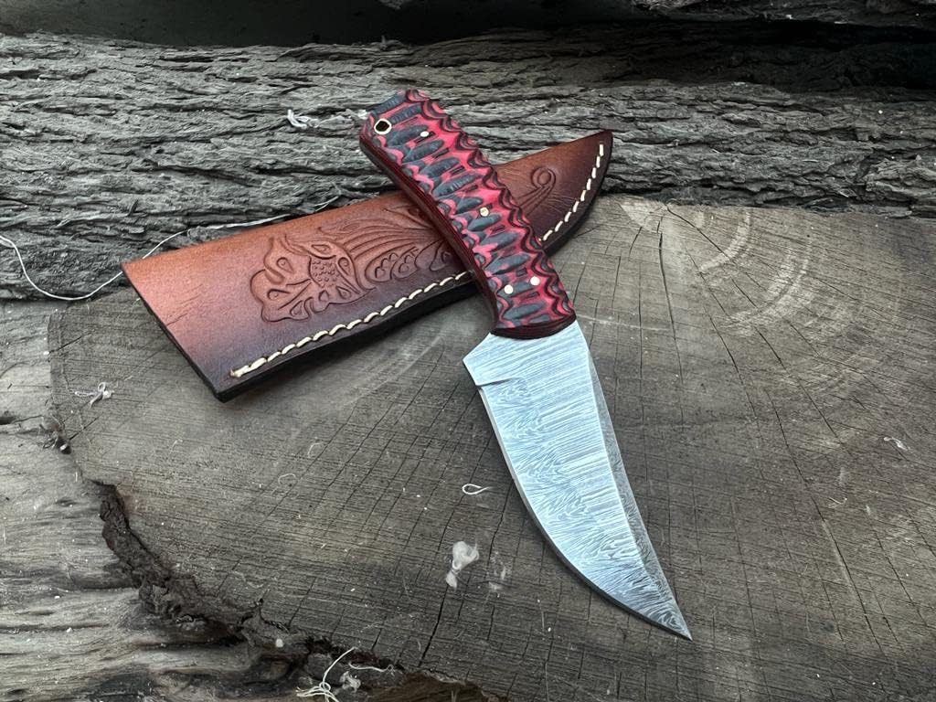 SOGO KNIVES Cuchillo de caza de hoja fija de Damasco con funda, el mejor cuchillo de caza para hombres con mango antideslizante, cuchillo de