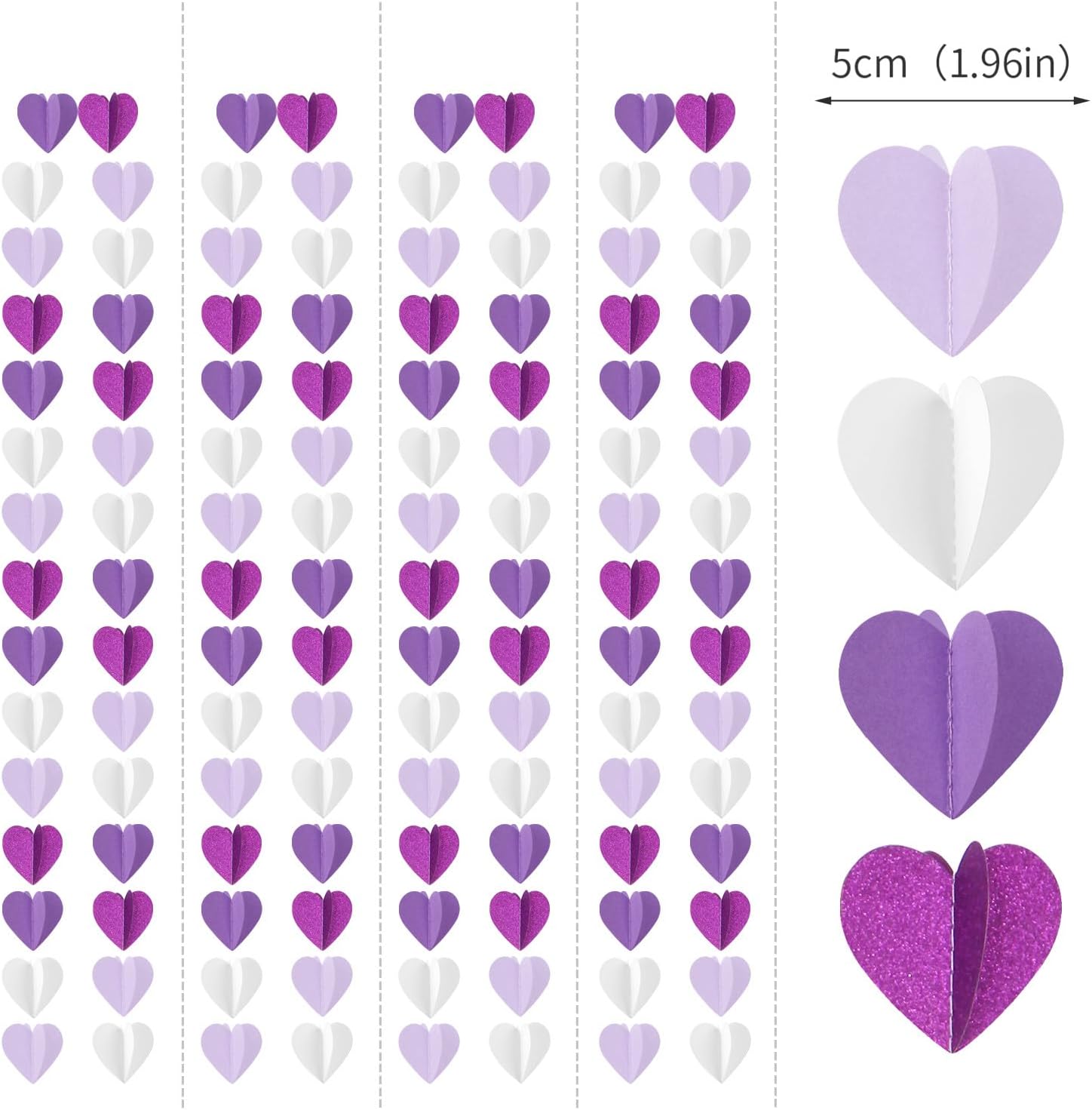 Guirnalda de corazones para decoración de fiesta de lavanda blanca y morada, 39 pies, suministros de cumpleaños 3D para mujeres y niñas, pancarta de