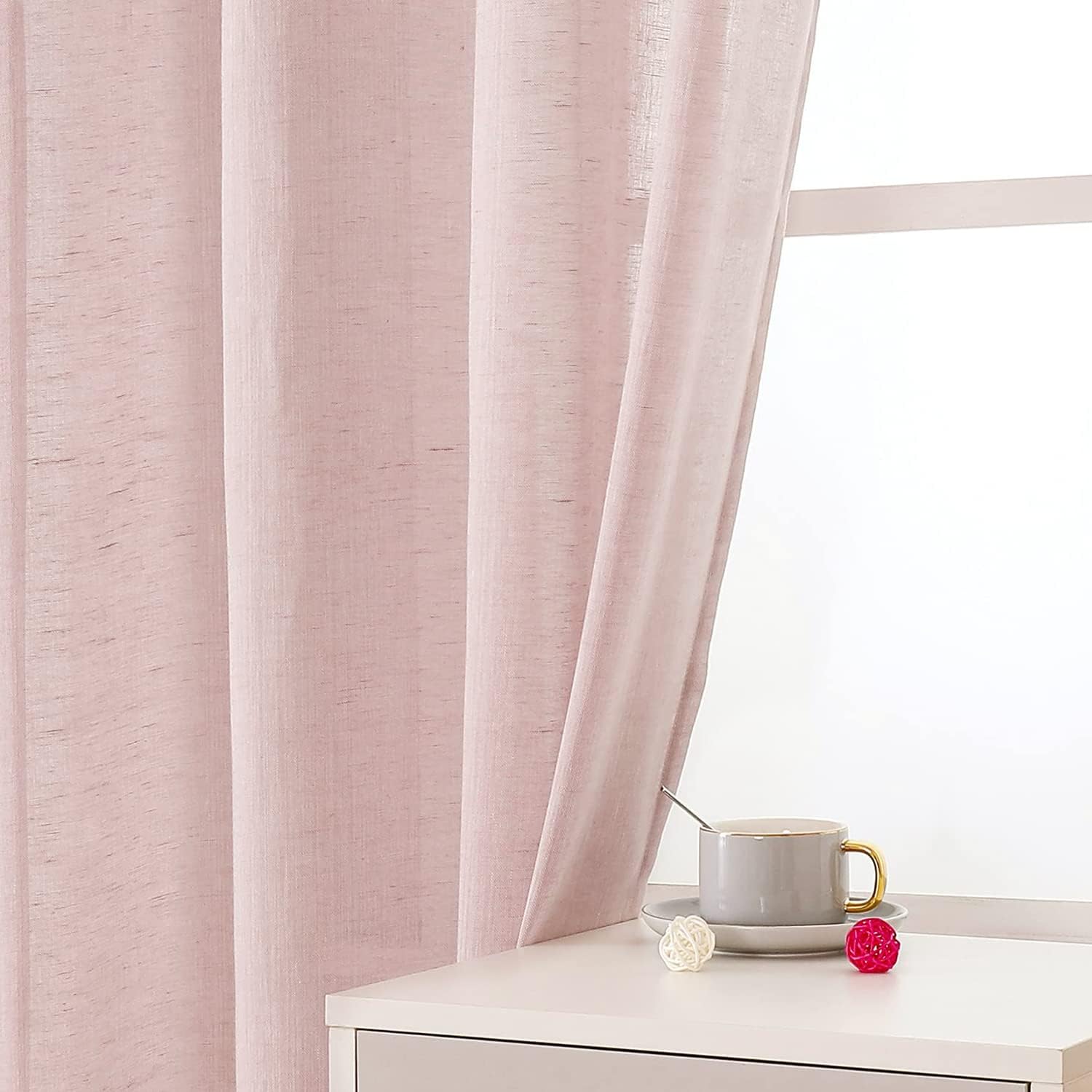 SELETEX – Cortinas traslúcidas de lino natural color rosa rubor para sala de estar, elegantes cortinas lisas para ventana que filtran la luz,