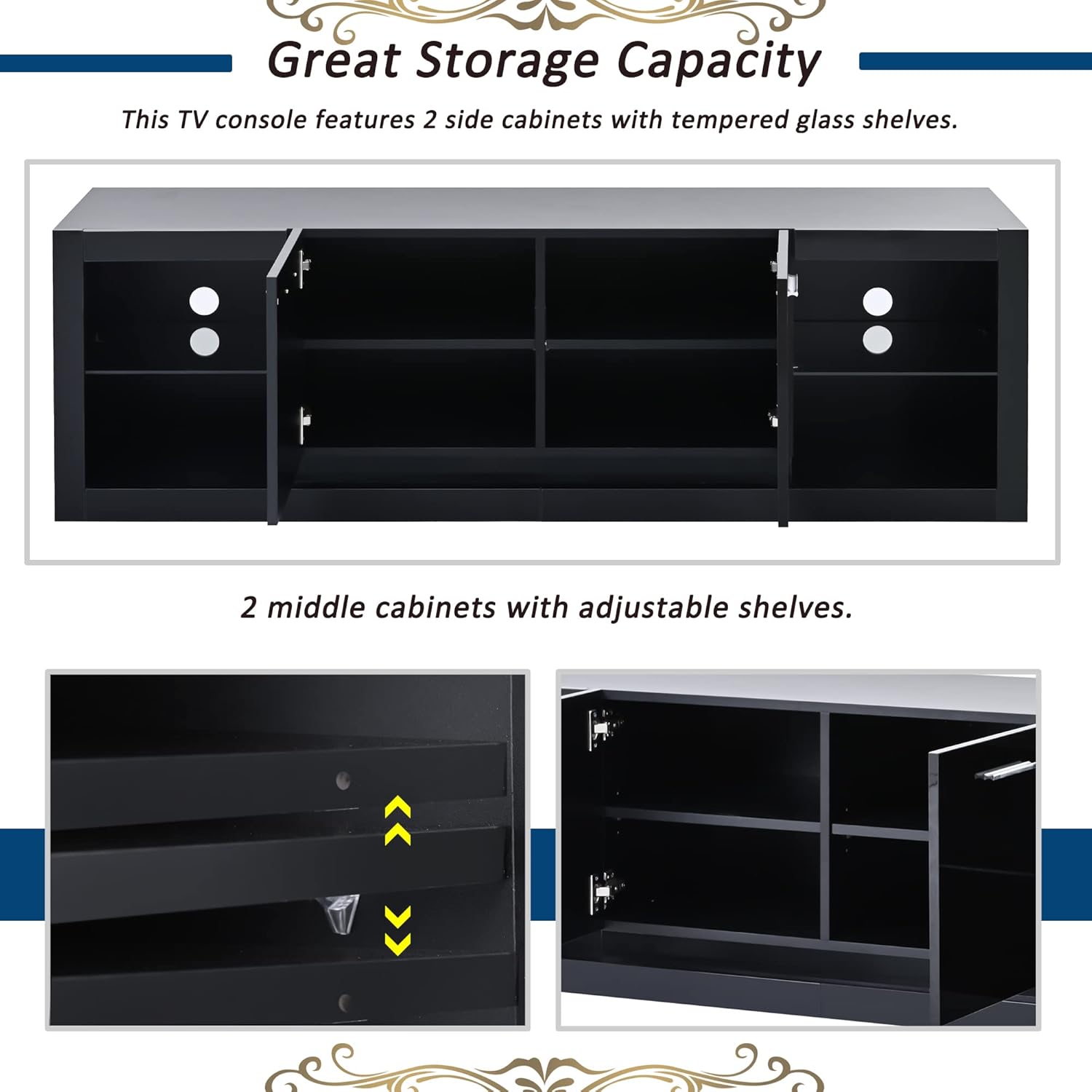 P PURLOVE Soporte de TV moderno con almacenamiento, soporte de TV LED negro, centro de entretenimiento para juegos, gabinete de TV con luces LED que