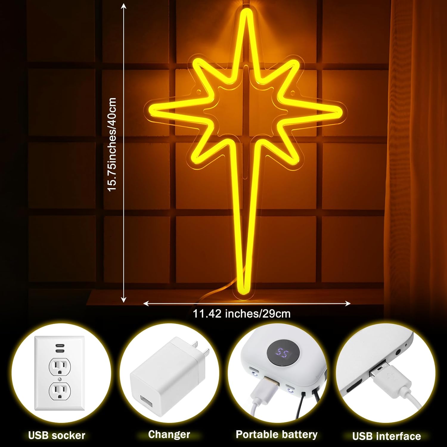 Letrero de neón de estrella iluminada, letrero de neón de estrella de Navidad, letreros de Navidad para decoración de habitación, letrero de neón