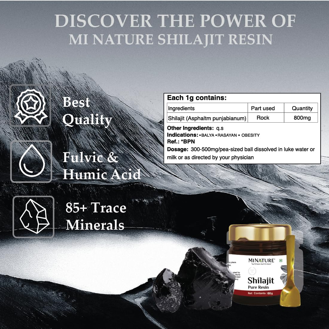 minature Resina Shilajit pura  Shilajit de origen natural  2.12 oz (1.93 fl oz)  Contiene cuchara  Más de 80 minerales, aminoácidos  Fuente natural