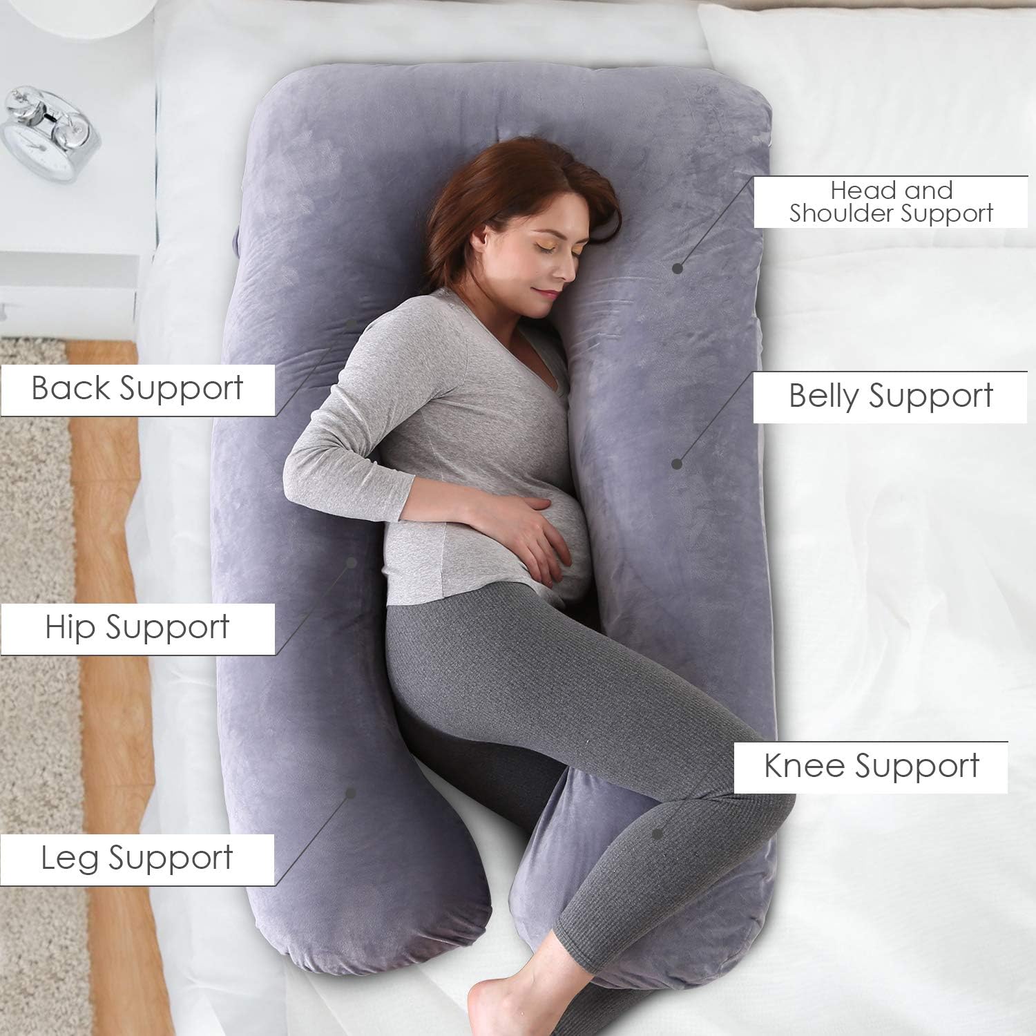 Kingta Almohada de embarazo en forma de U con funda de terciopelo lavable, almohada de maternidad de 57 pulgadas para mujeres embarazadas, soporte