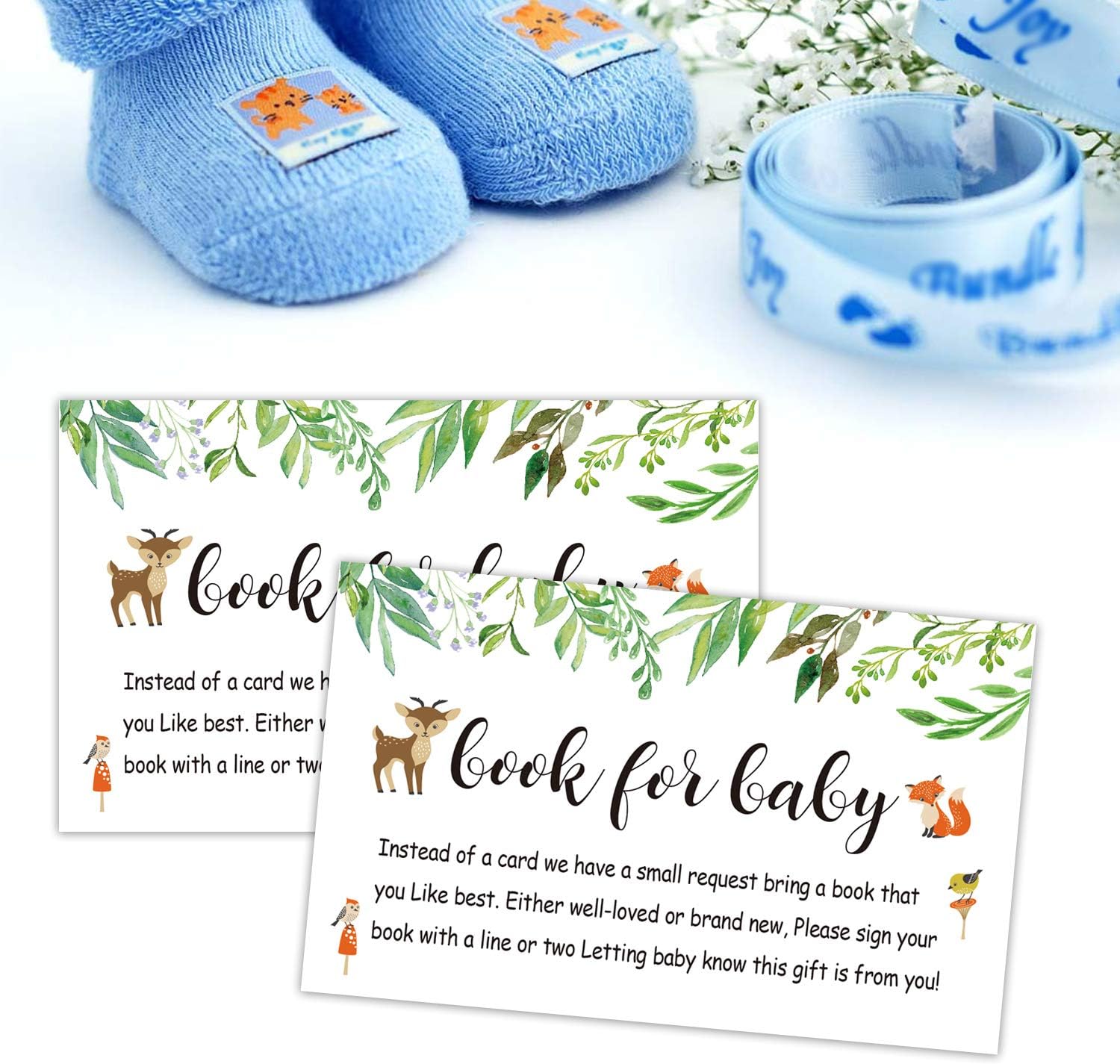 Paquete de 50 libros para tarjetas de solicitud de baby shower, libros florales de bosque para tarjetas de inserción de bebé, insertos de invitación