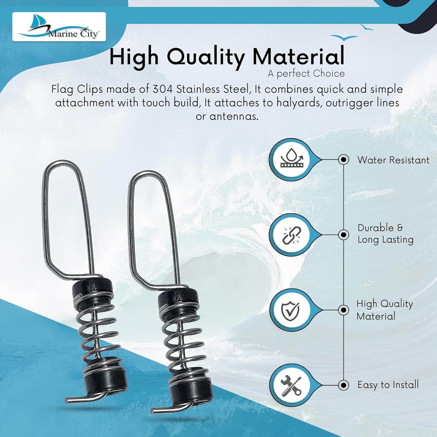 MARINE CITY 304 – Antena de lujo de acero inoxidable para Halyarda y Outrigger para bandera de pesca, luces de popa con cuerda de resorte para