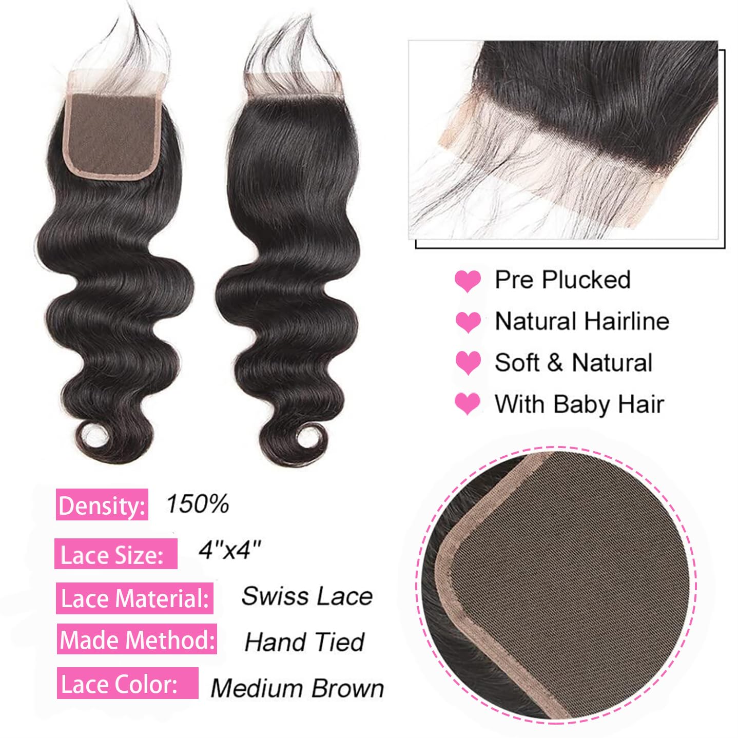 Releek Extensiones con 4 manojos de cabello brasileño ondulado con cierre, 100% cabello humano virgen Remy con cierre de encaje suizo marrón medio,