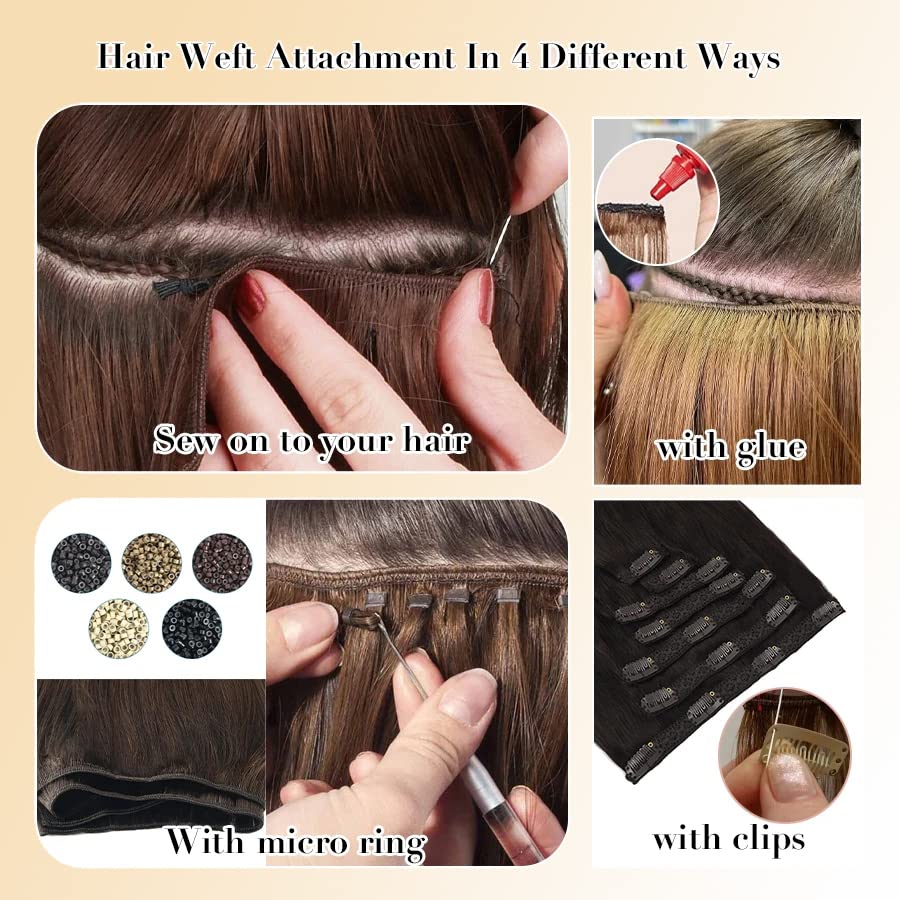 Extensiones de cabello humano Remy con balayage atadas a mano, 24 pulgadas de largo, 4.23 onzas, color castaño medio, con reflejos rubio miel,