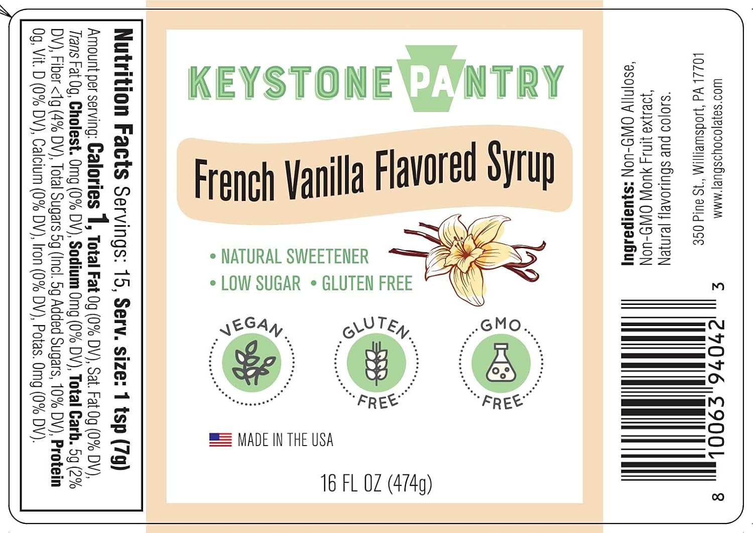 Keystone Pantry Jarabe con sabor a vainilla francesa, botella de 1 pinta de edulcorante natural, bajo en azúcar, sin gluten, vegano, sin OMG, Kosher