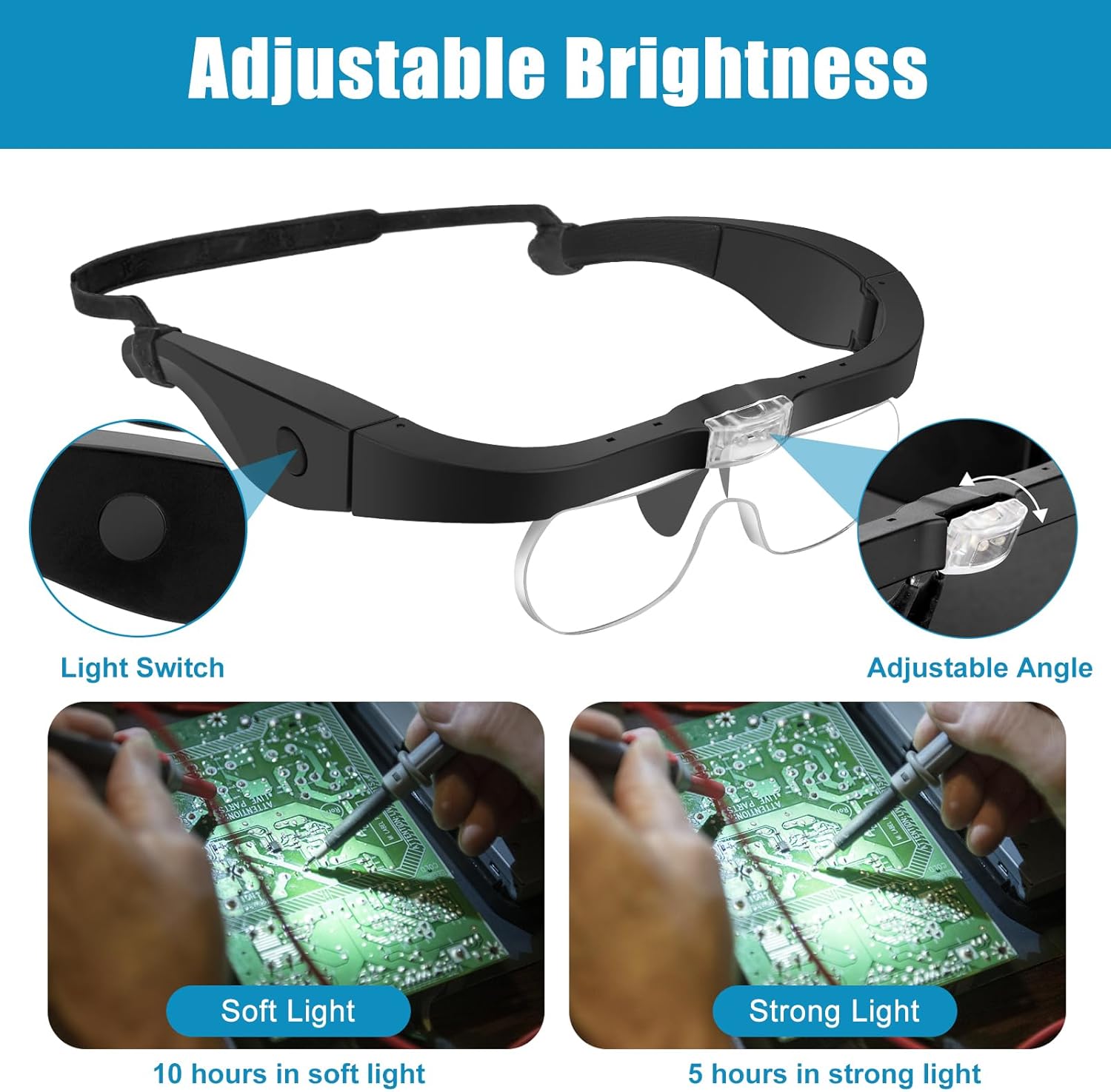 Lupas recargables, lupa iluminada para la cabeza con luz, lupa iluminada manos libres con 4 lentes desmontables 1.5X, 2.5X, 3.5X, 5X para leer joyas