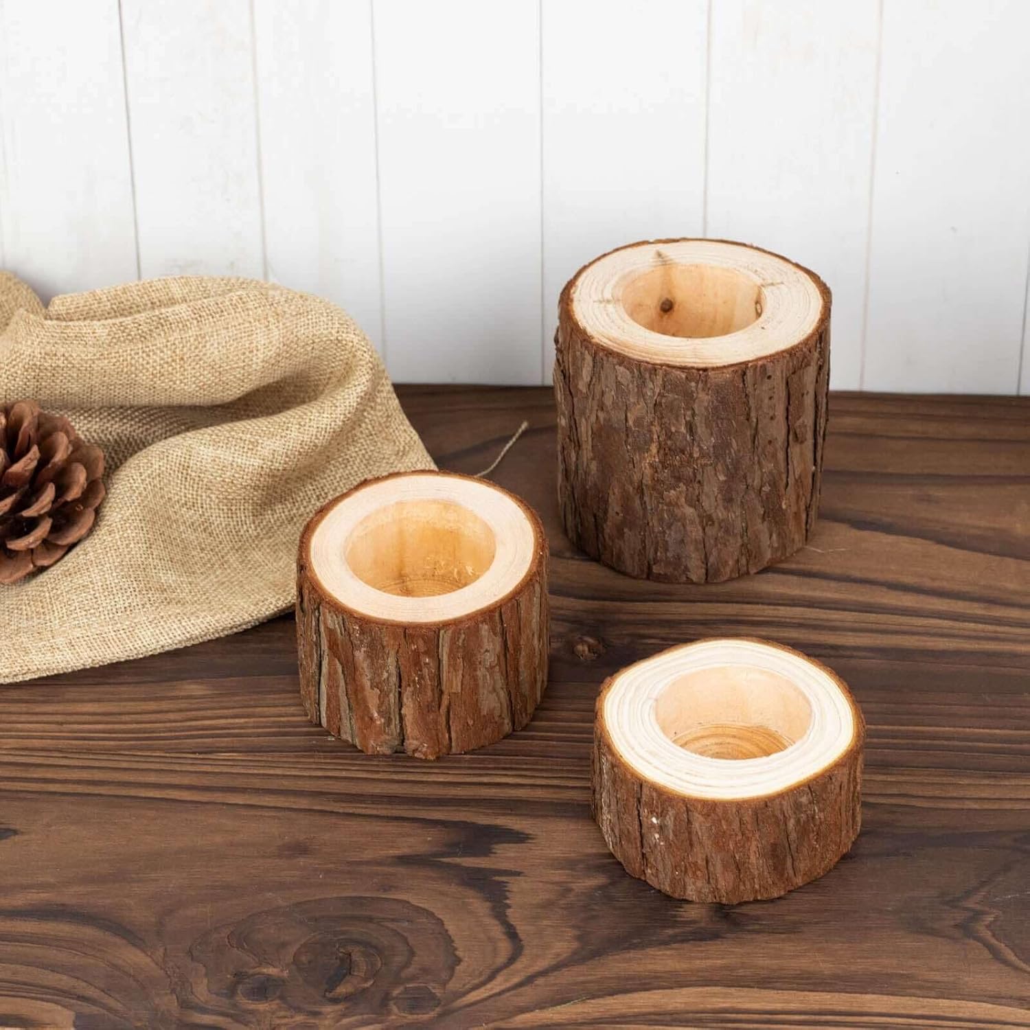 Efavormart – Juego de 3 portavelas votivos con rodajas de madera de granja, decoración de mesa de boda con rama de árbol rústico, 2.75 pulgadas, 1.5