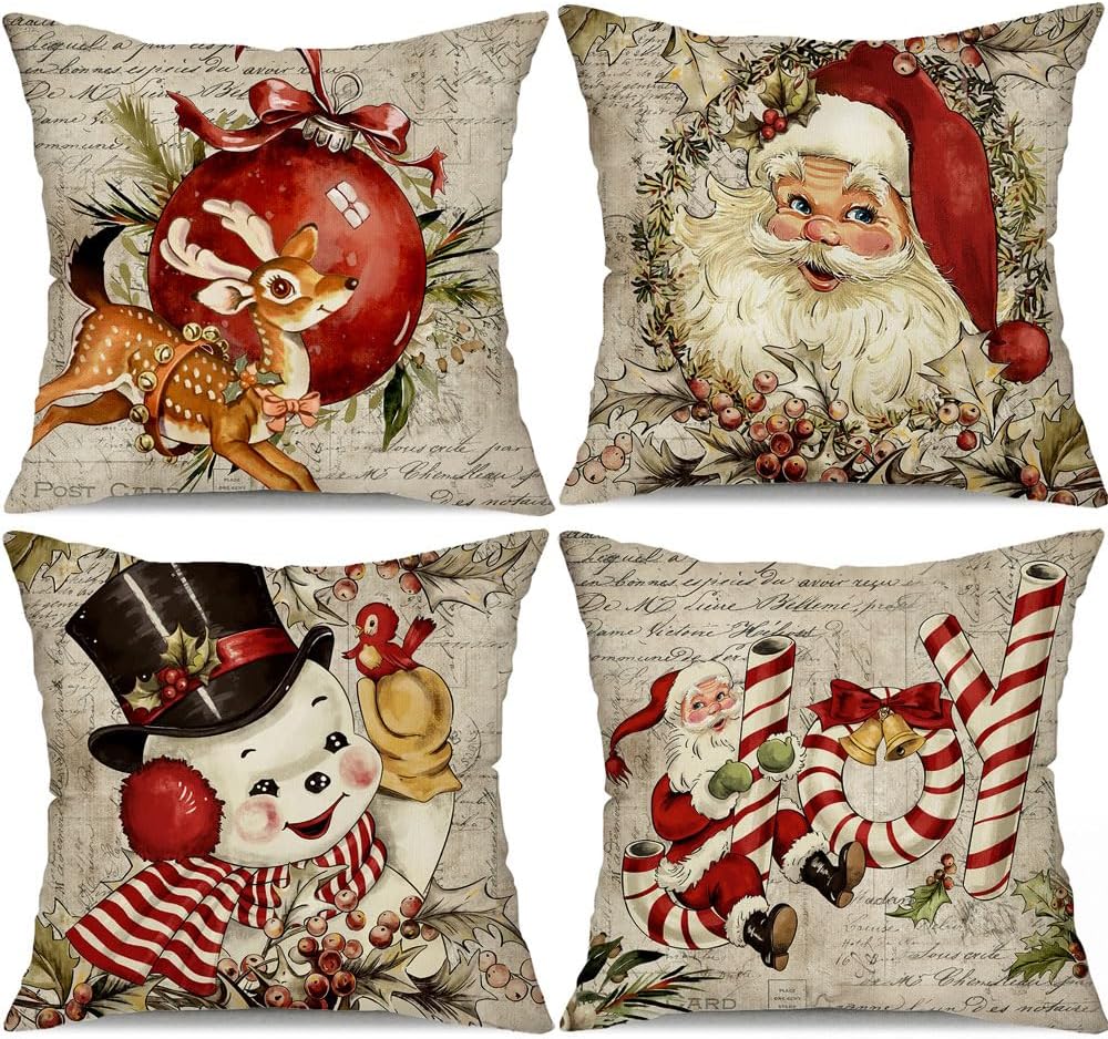 DFXSZ Juego de 4 fundas de almohada de Navidad de 20 x 20 pulgadas, diseño de reno, muñeco de nieve de Papá Noel, diseño vintage, decoración retro