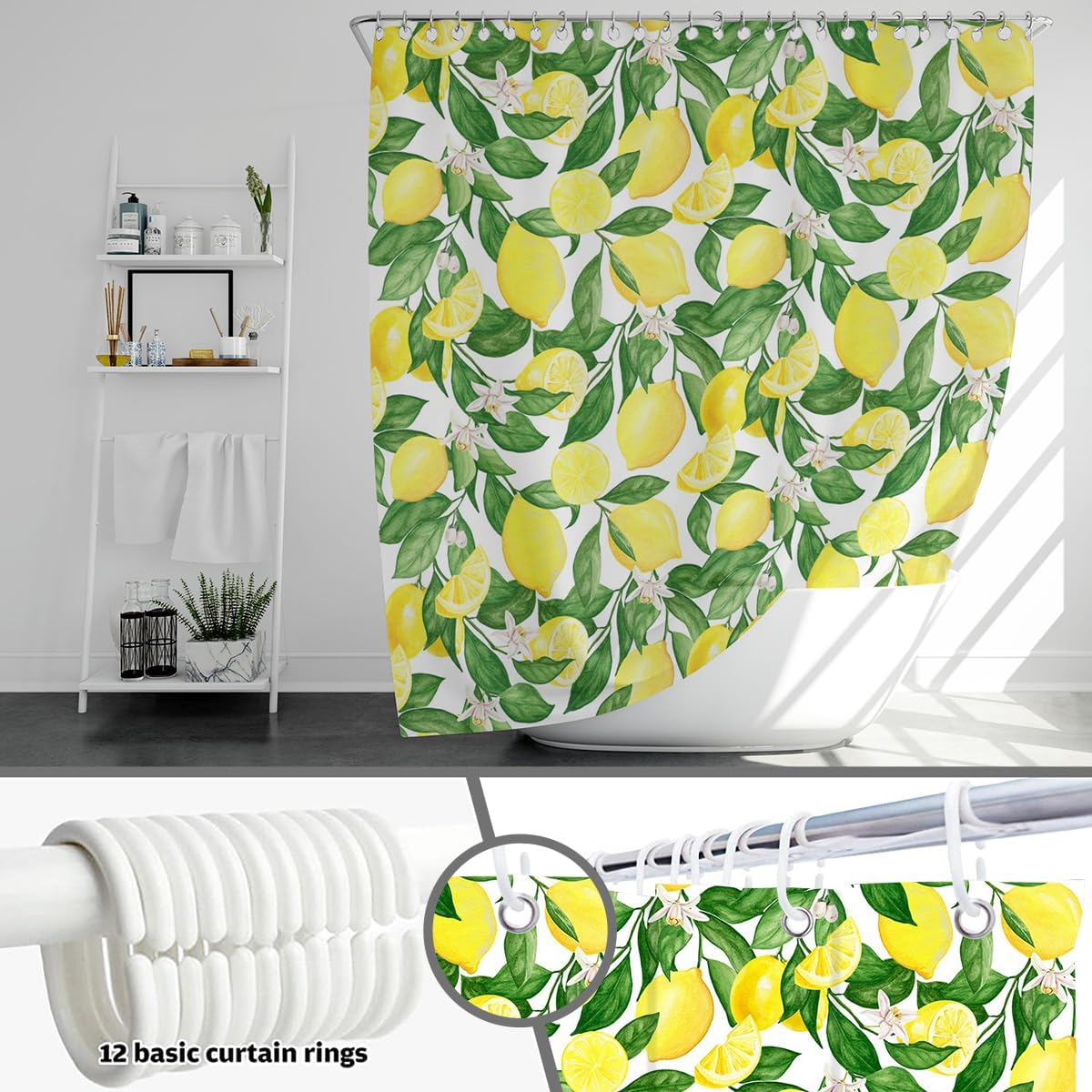 Mocsicka Fruit Shower Curtain Lemon Shower Curtain with 12 Hooks Cute Colorful Bright Green Leaves Summer Lemon Bathroom Decor Waterproof Fabric