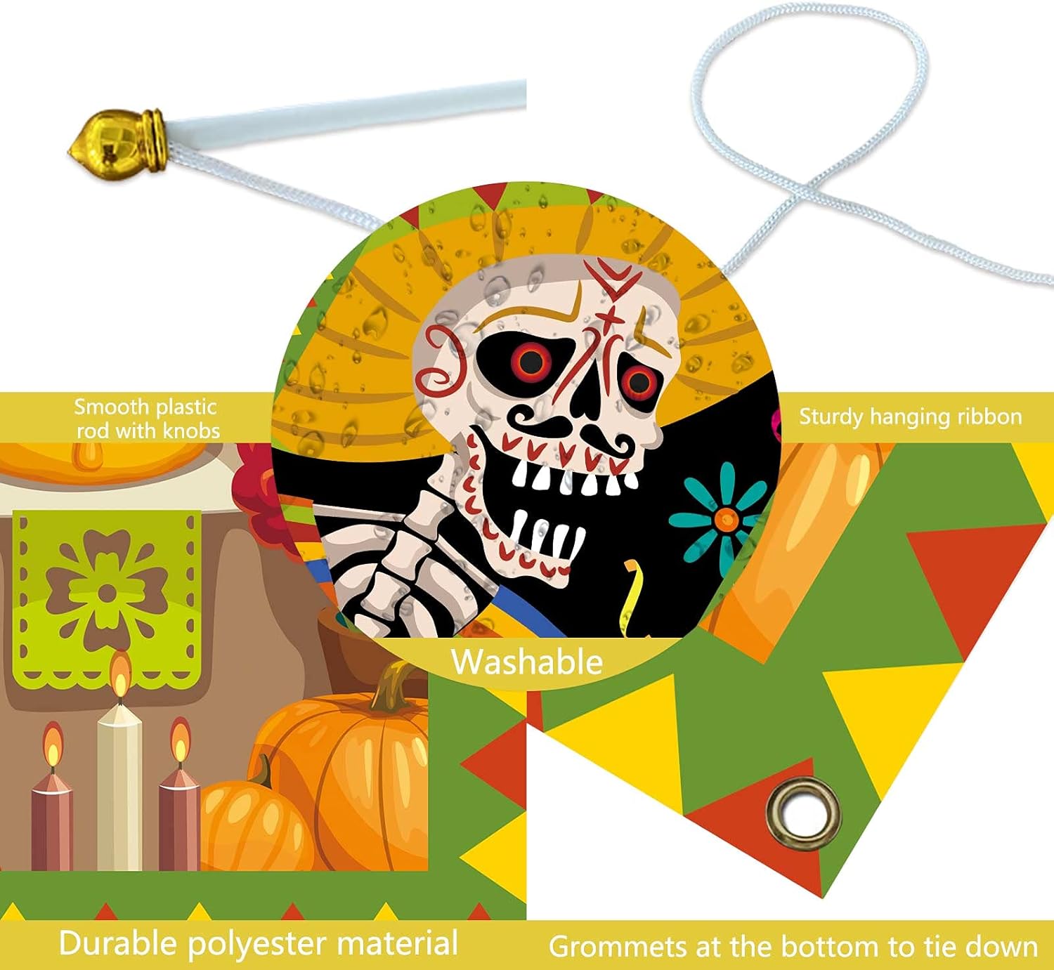 Allenjoy Letreros colgantes del Día de los Muertos mexicanos para puerta de pared, decoración de guitarra y esqueleto, poliéster, sin arrugas, para