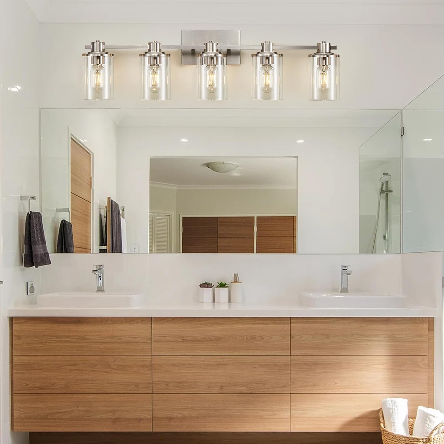 DUJAHMLAND Lámpara de baño, 5 luces de níquel cepillado sobre espejo, luz de tocador con pantalla de vidrio transparente, iluminación de tocador de