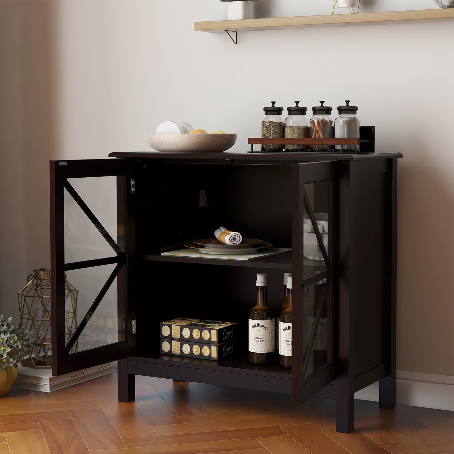 Mesa de bufé de cocina elegante para el hogar, aparador, mesa de consola con 2 puertas de vidrio y estante de almacenamiento, armario de entrada