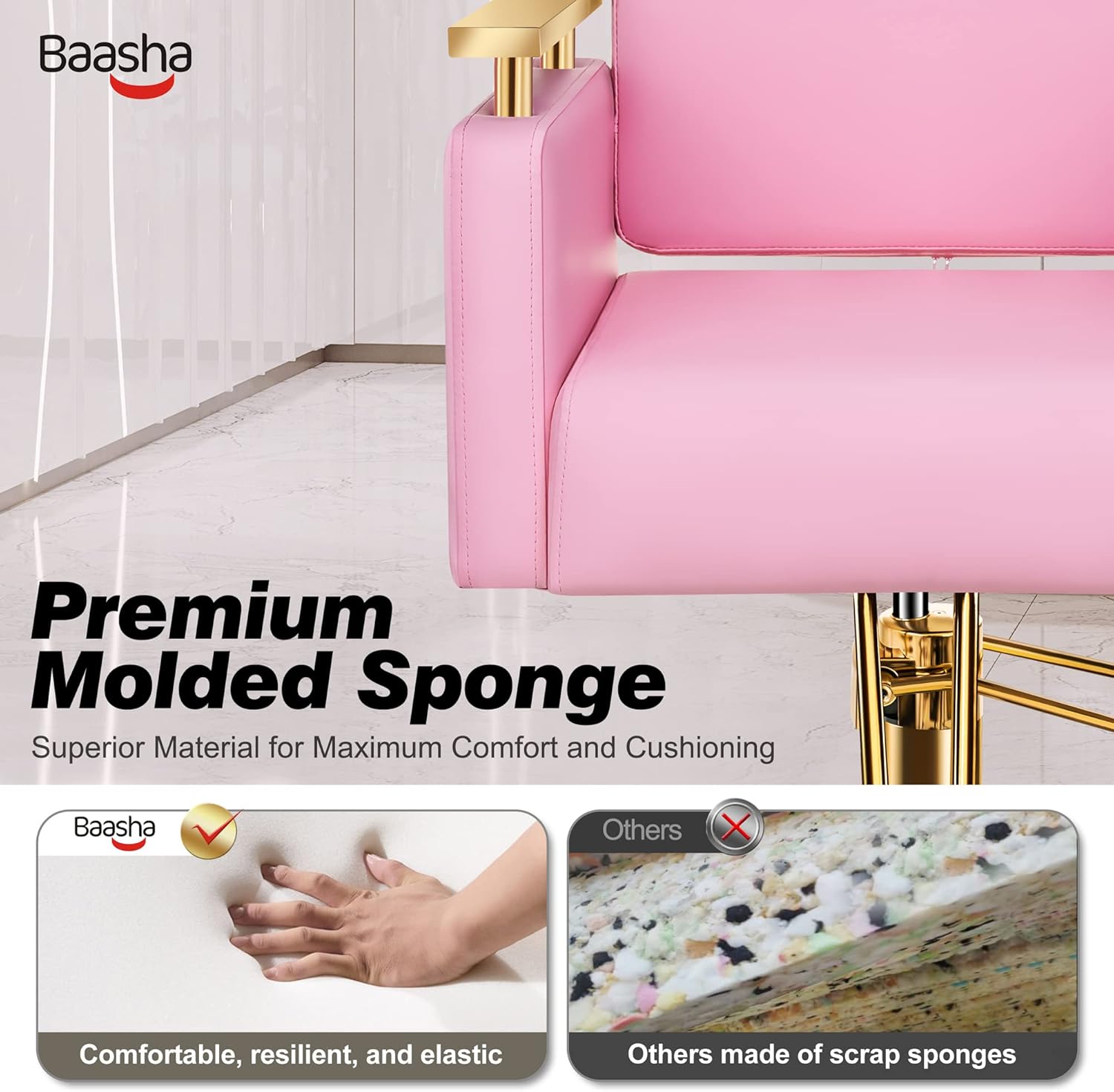 Baasha Silla de salón dorada de lujo con asiento y respaldo de espuma viscoelástica, silla de peluquería con reposabrazos de acero inoxidable, silla