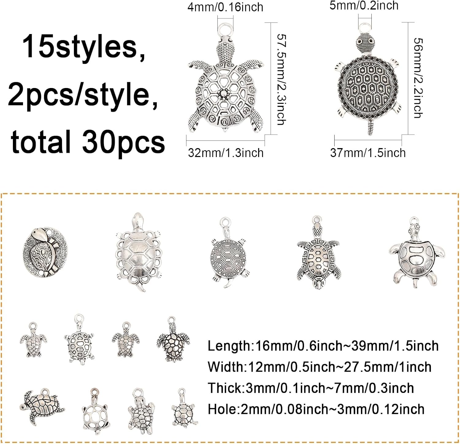 CHGCRAFT 30 dijes de aleación con forma de tortuga de estilo tibetano de 15 estilos para hacer joyas y accesorios de pulsera, plata antigua