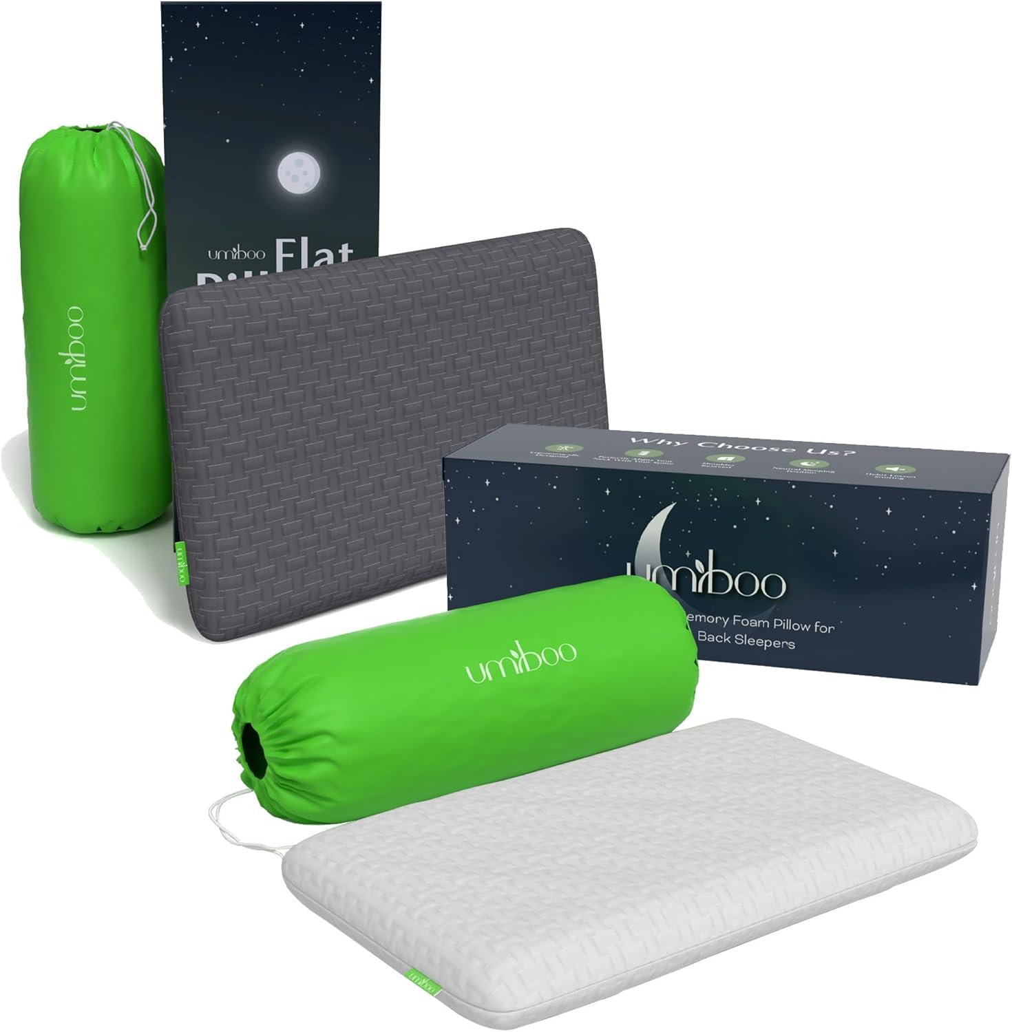 Umiboo by Focus – Almohada delgada de espuma viscoelástica de 2.5 pulgadas para personas que duermen boca abajo y de espaldaespuma viscoelástica,