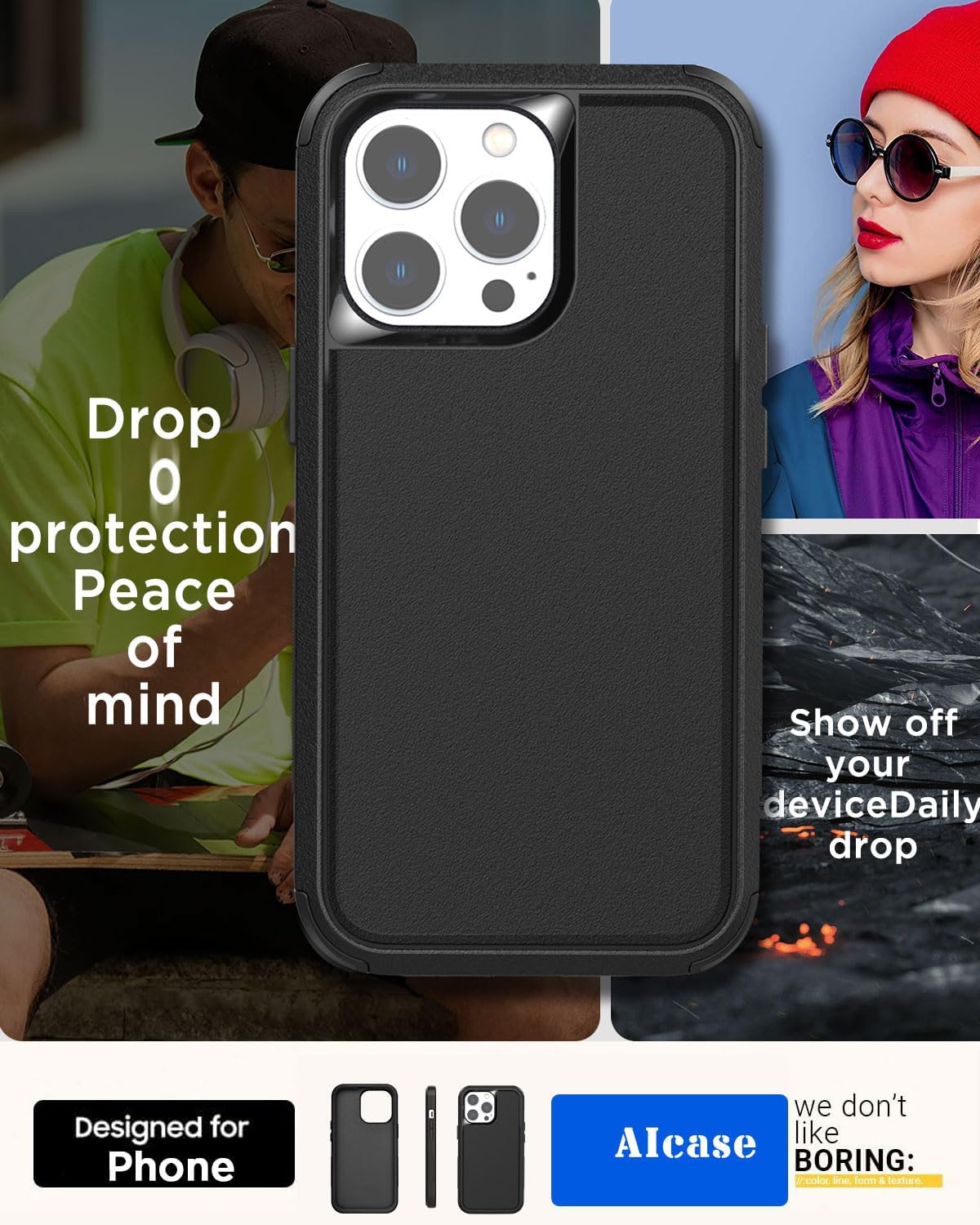 AICase Funda para cinturón compatible con iPhone 15 Pro + protector de vidrio + lente de cámara, resistente de 3 capas de protección de grado