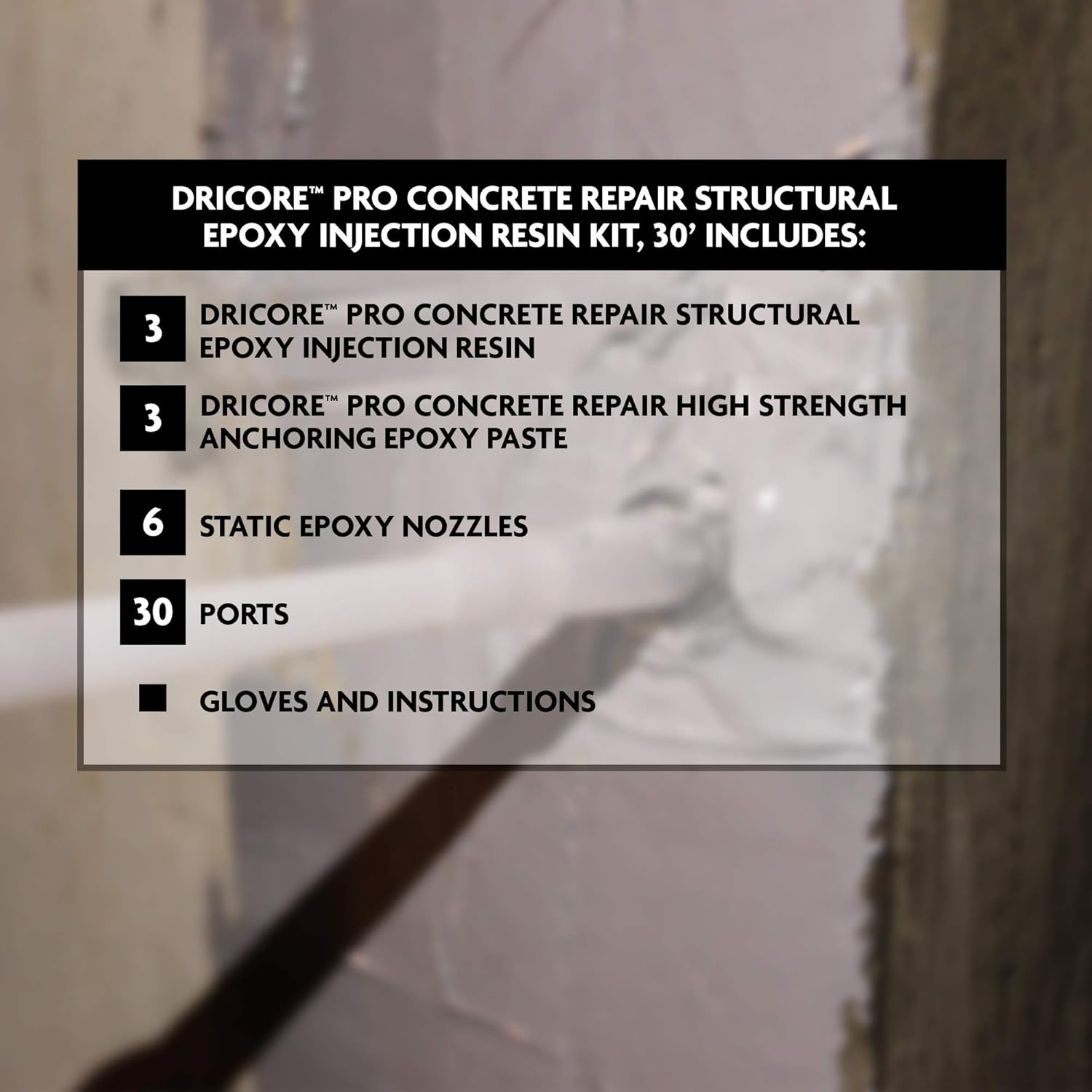 DRICORE PRO Kit de resina de inyección epoxi estructural de reparación de hormigón (30 pies)  El mejor juego todo en uno con relleno inyectable para