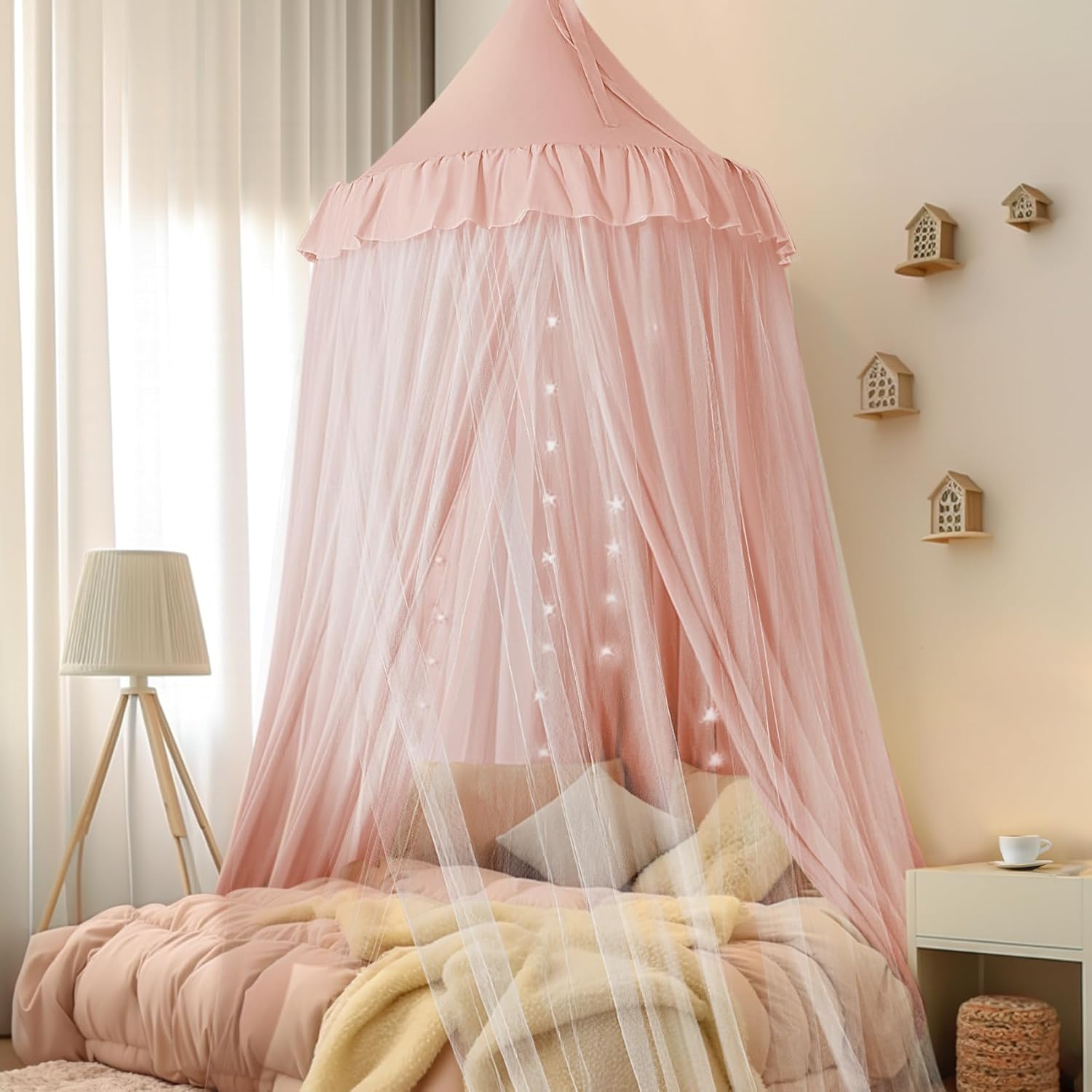 Toldo de cama grande con luces de estrellas, toldo de doble capa para cama, tienda de campaña de princesa para habitación de niñas, toldo