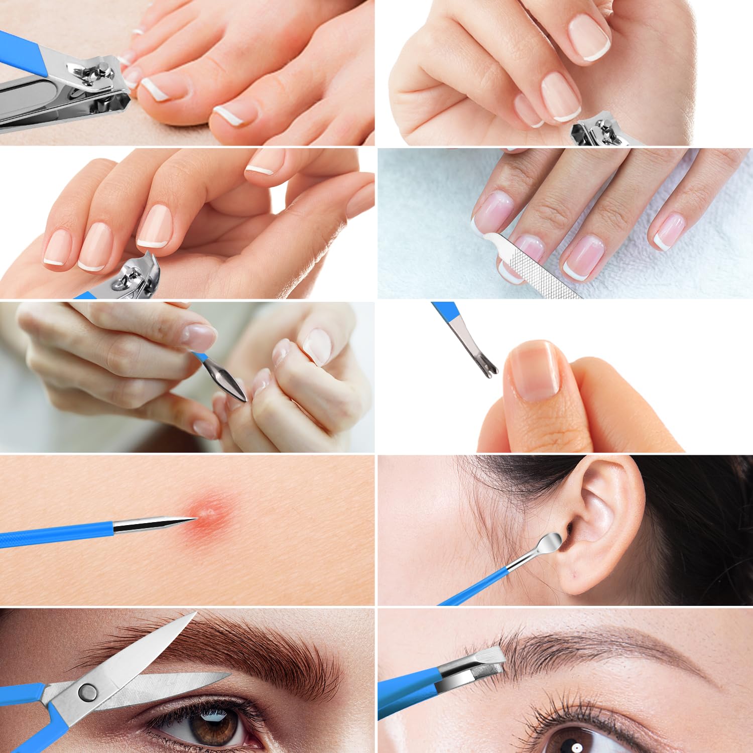 Juego de manicura, mini cortaúñas de viaje, kit de herramientas de cuidado de pedicura, 10 piezas de acero inoxidable (azul)