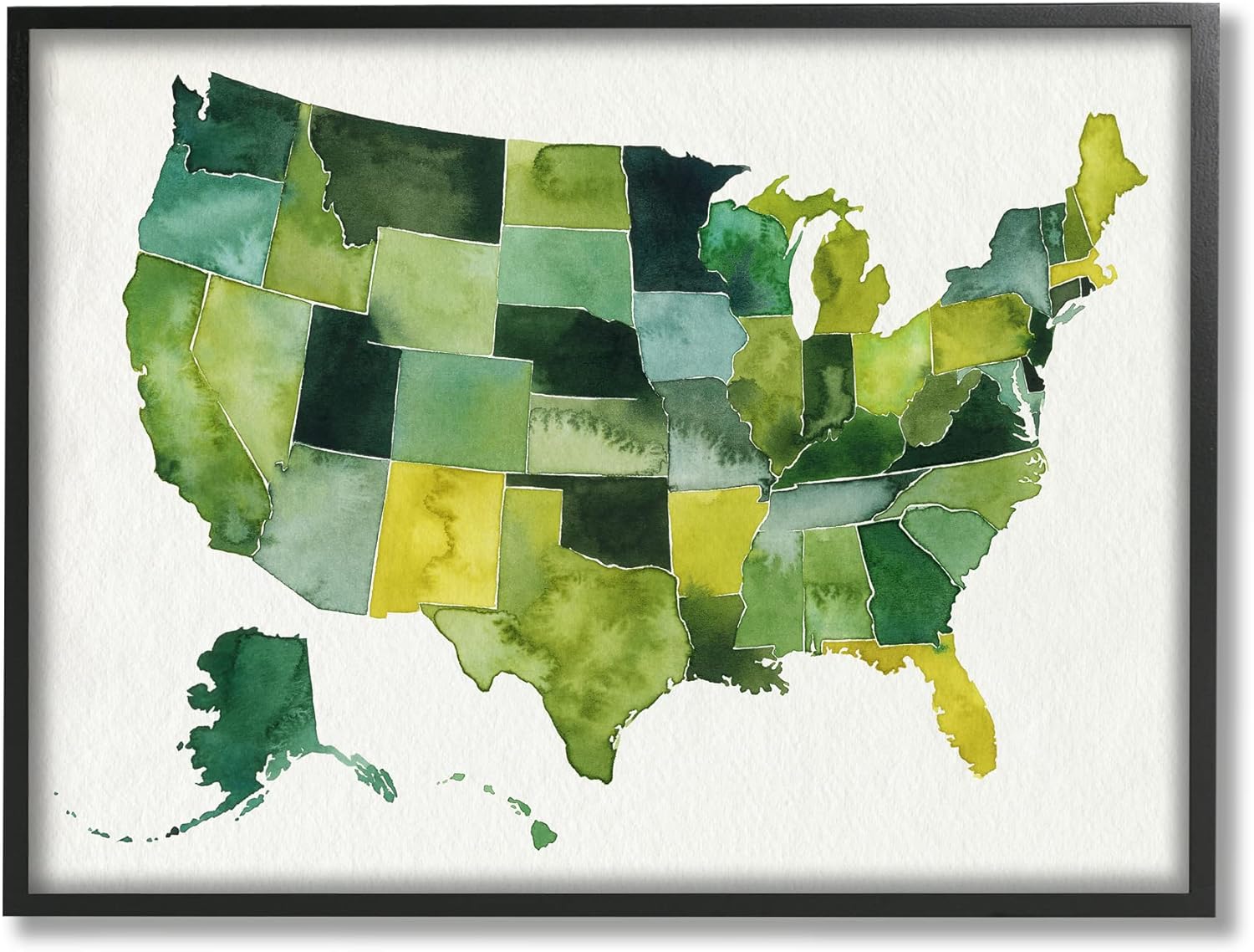 Stupell Industries Mapa de acuarela verde de Estados Unidos, pintura moderna, arte de pared enmarcado negro, 14 x 11 pulgadas