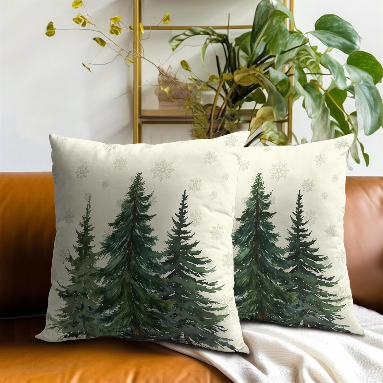 Juego de 2 fundas de almohada de bosque de pinos de 22 x 22 pulgadas, color verde nieve, cedro y abeto beige, fundas decorativas de invierno para