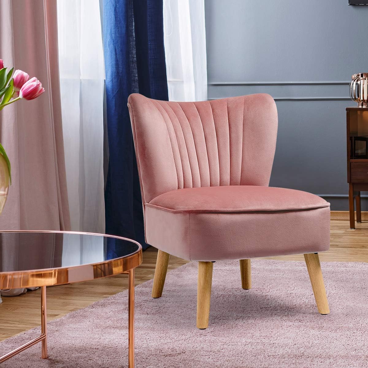 Giantex Silla decorativa de terciopelo, moderna silla tapizada con patas de madera, acolchada gruesa, sillas pequeñas sin brazos para sala de estar,