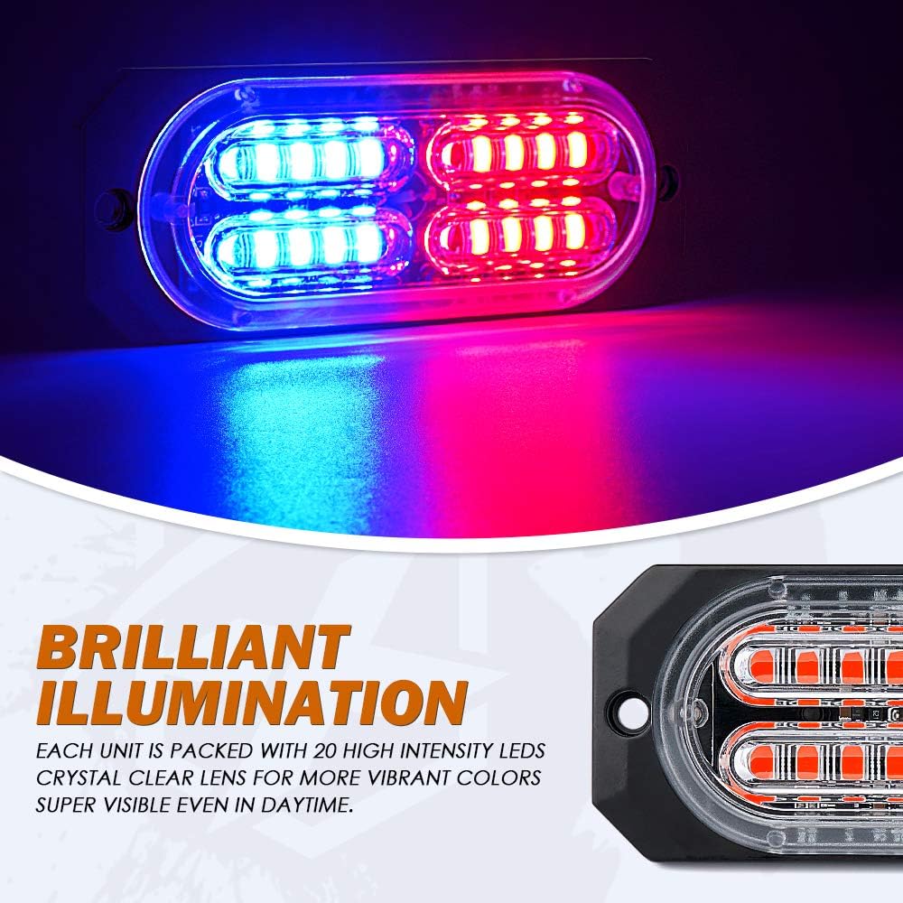 Xprite Kit de luces estroboscópicas de emergencia de 20 luces LED de montaje empotrado en superficie roja y azul, para salpicadero, parrilla,