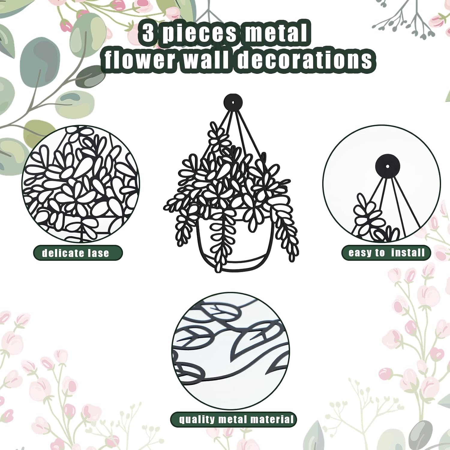 Zhengmy Florero de metal para pared, 3 piezas, decoración moderna de pared, decoración de pared negra, decoración de flores de metal para colgar en