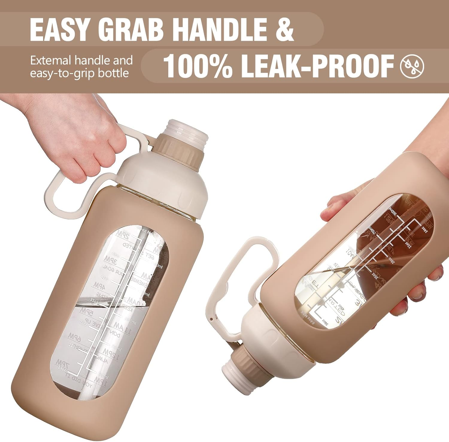 MUKOKO Botellas de agua de vidrio de 64 onzas con popote, botella de agua de medio galón con marcador de tiempo, botella de agua motivacional con