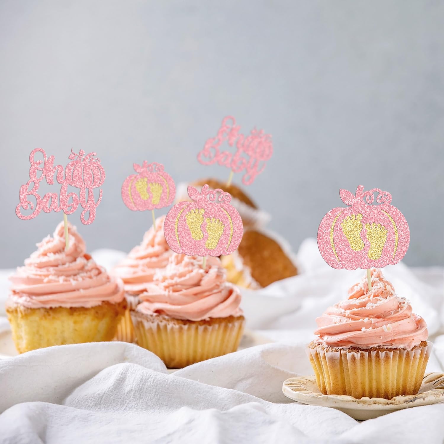 24 piezas de calabaza Oh Baby Cupcake Toppers Pink Glitter Pumpkin Cupcake Picks Boy Baby Shower Cake Decor for Pumpkin Theme Reveal Kids Birthday