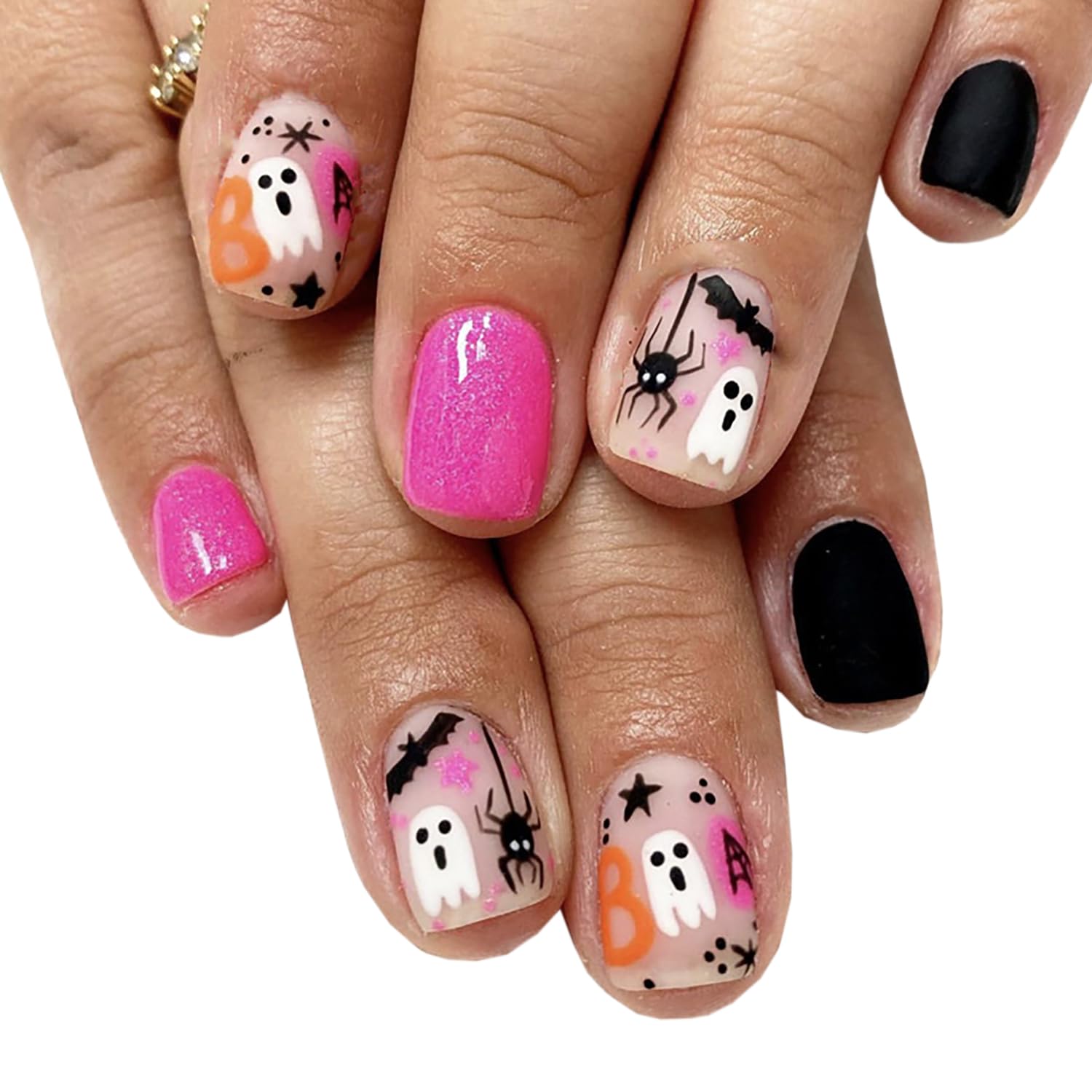 24 uñas postizas cuadradas cortas de Halloween, con pegamento, diseño de araña, estrella, murciélago, acrílico, cobertura completa, color negro,