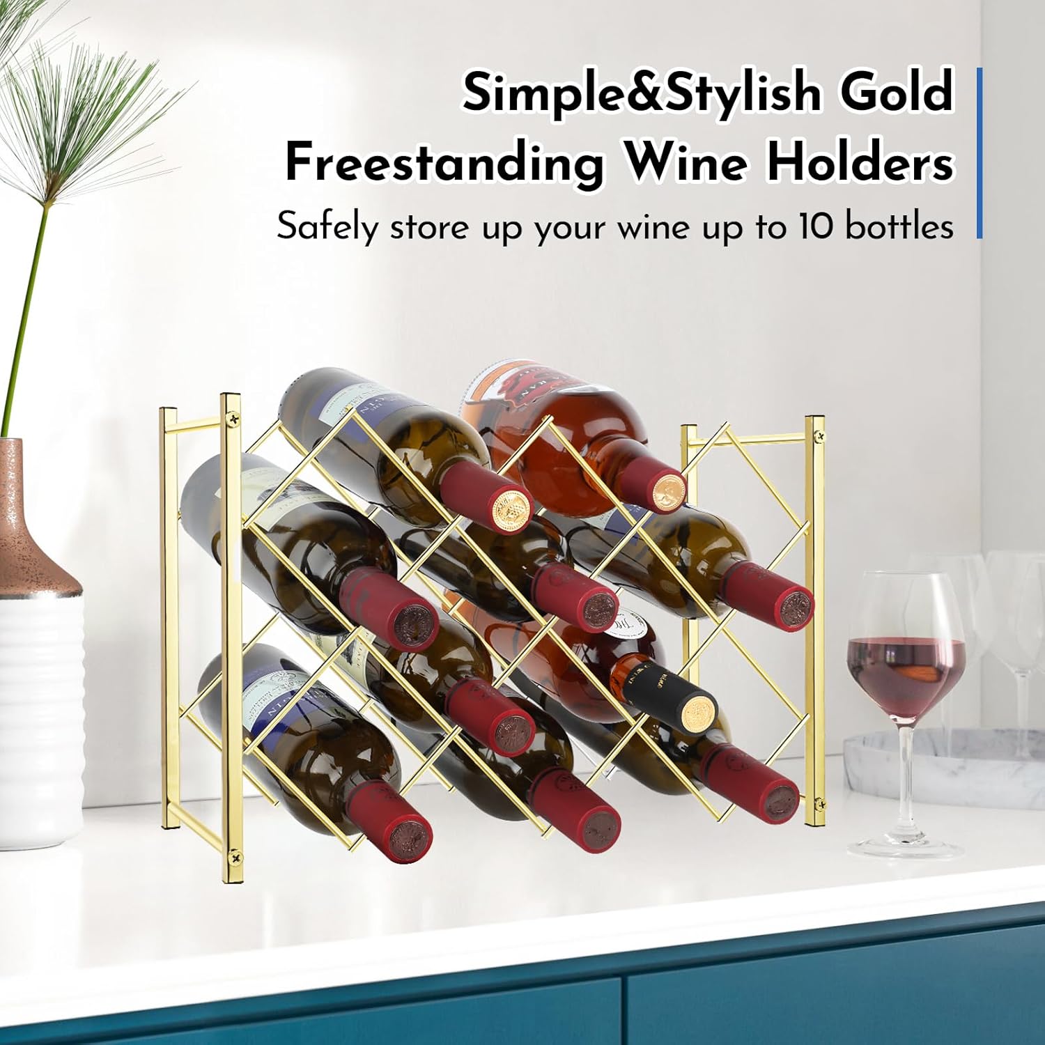 TOBUSA Estante de vino dorado para encimera, moderno estante de vino independiente, soporte para 10 botellas de vino de diseño simple, estante de
