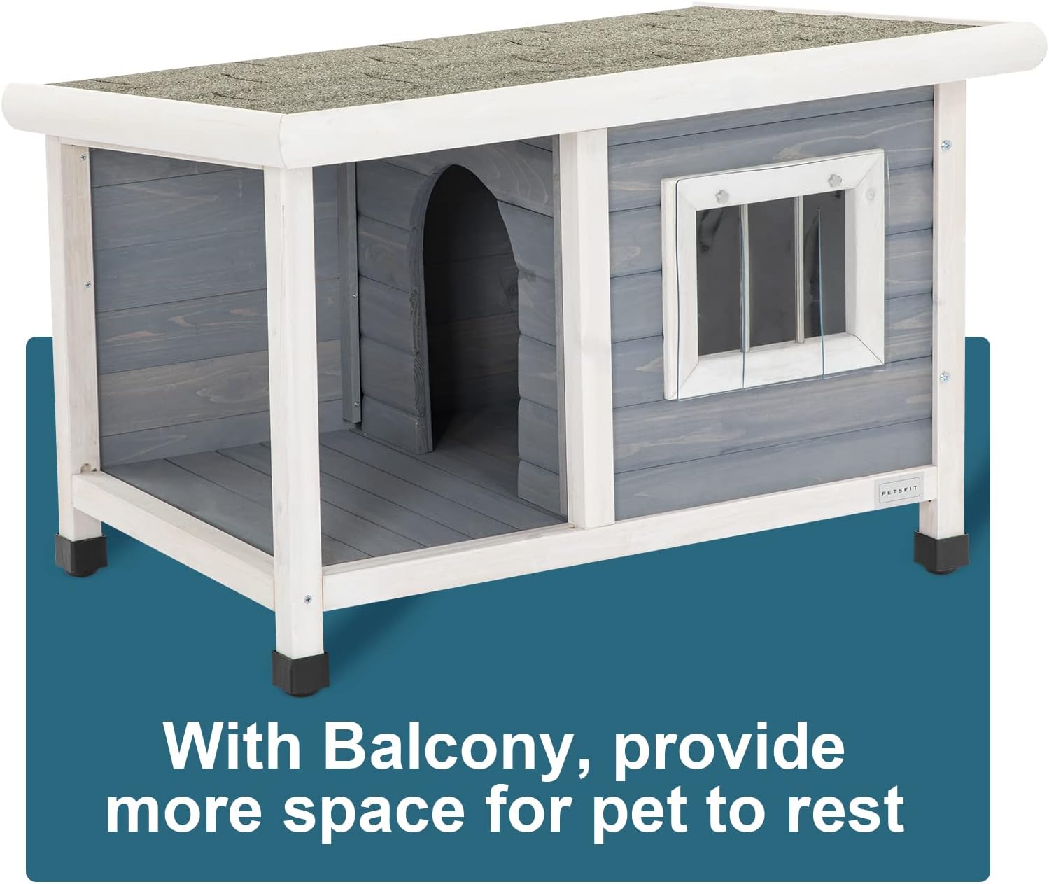 Petsfit Casa de perro al aire libre de 33.6 pulgadas para perros pequeños, casa de madera resistente a la intemperie con porche